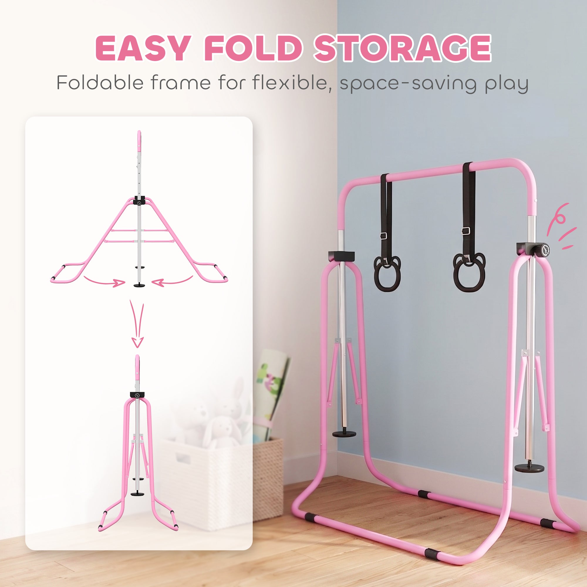 HOMCOM Adjustable Height, Foldable Kids Gymnastics Bar w/ Non-Slip Mats, for 3+ Years, Pink