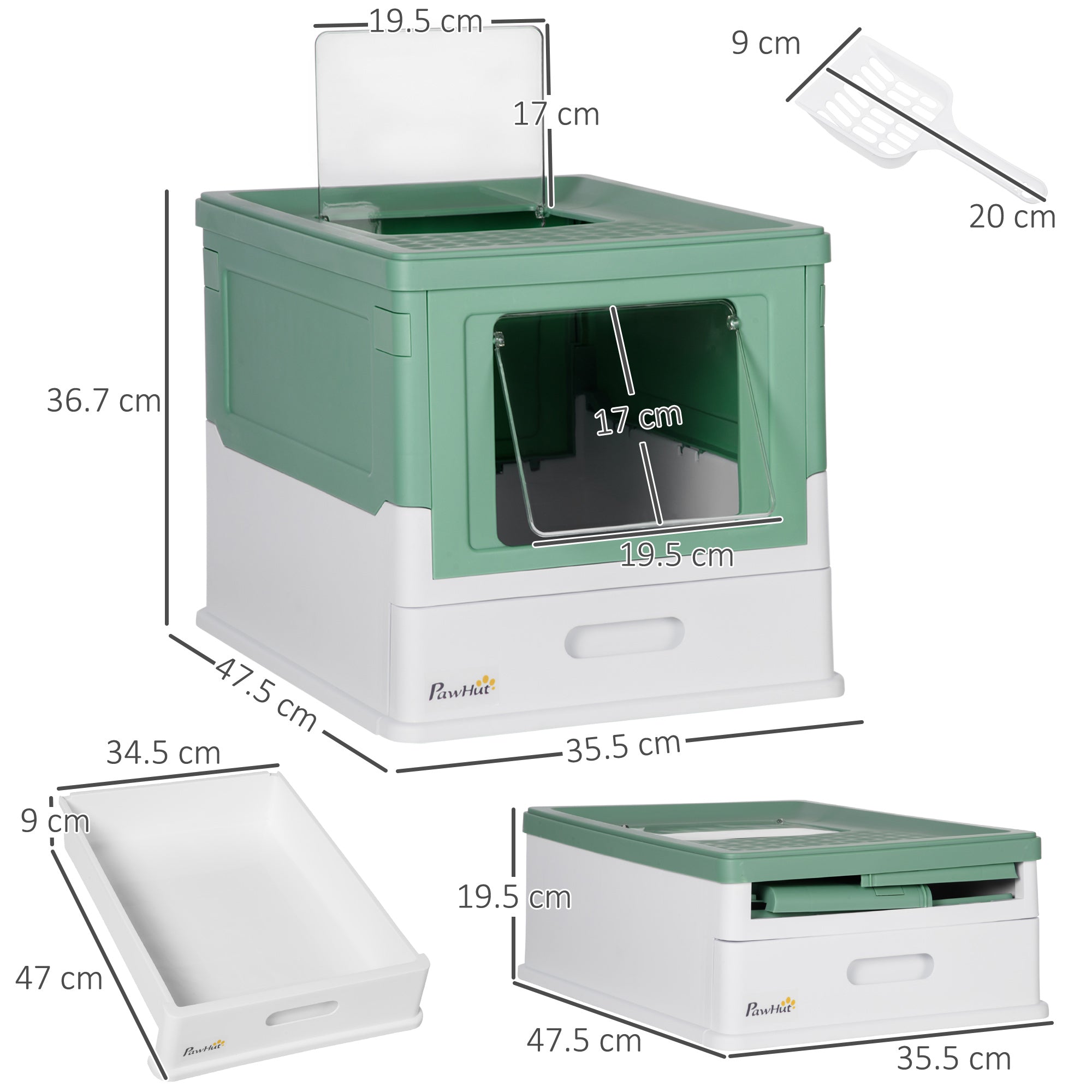 PawHut Hooded Cat Litter Box, Portable Pet Toilet, with Scoop, Front Entry - Green - North Peak Garden Furniture