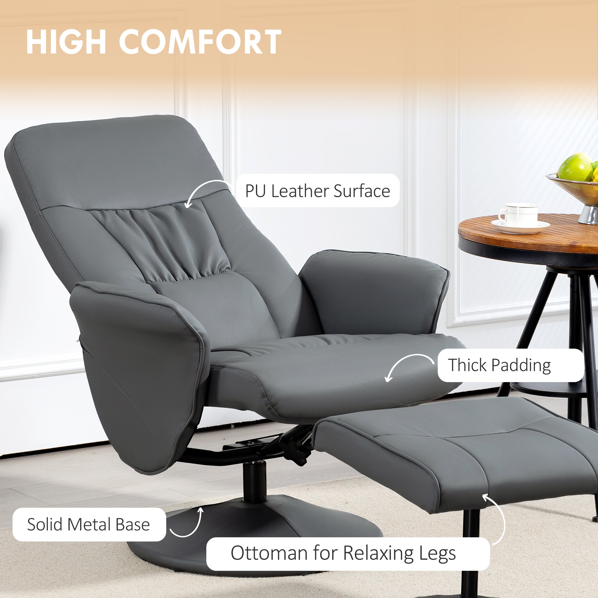 HOMCOM Swivel Recliner Chair with Footstool, PU Leather Armchair and Ottoman with High Back and Round Base for Living Room, Grey - North Peak Garden Furniture