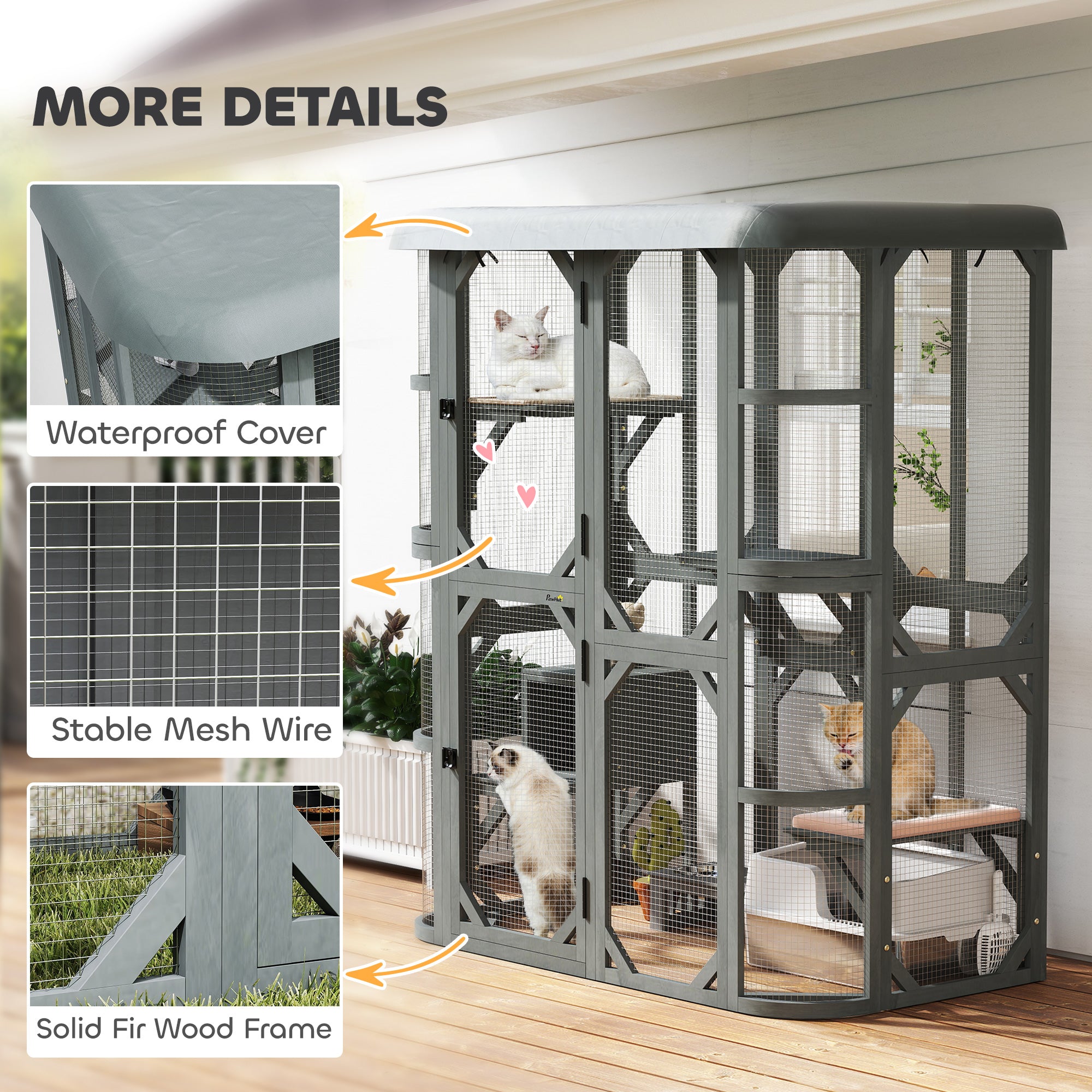 PawHut Catio Outdoor Cat Enclosure,  Wooden Cat House with Platforms, Condo and Waterproof Cover for 2–3 Kittens, Grey