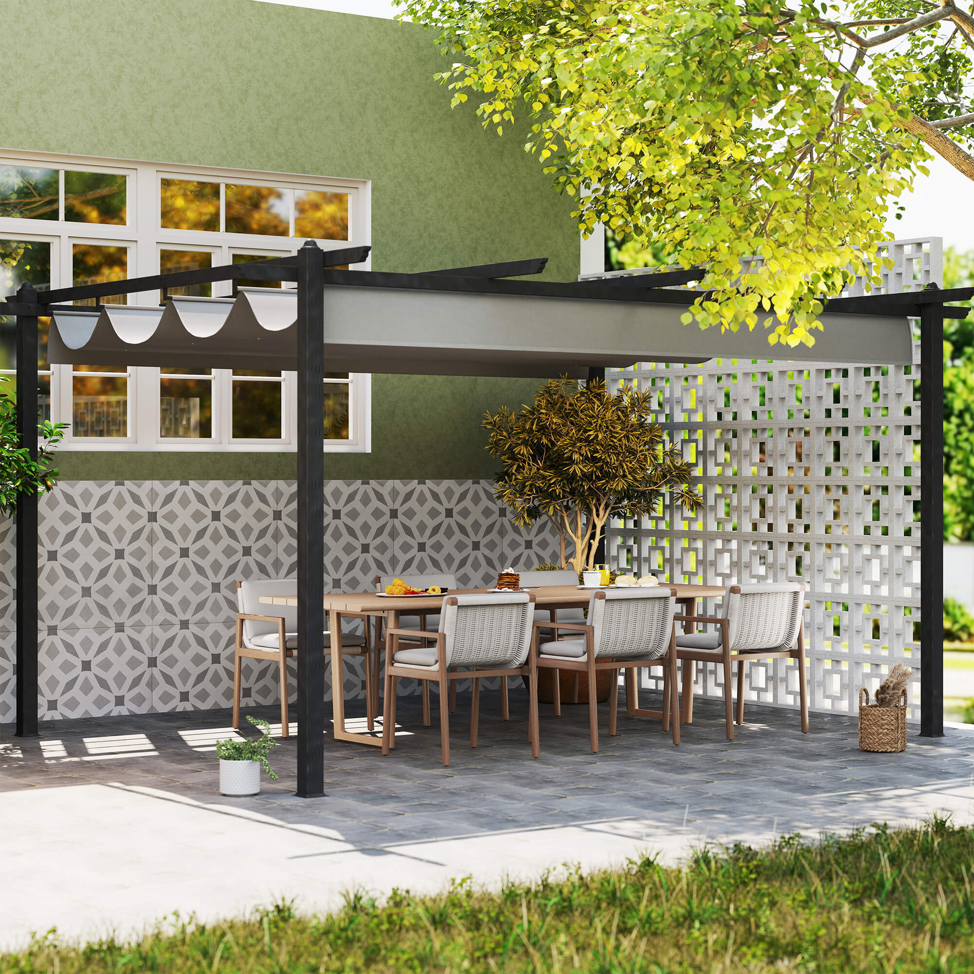 Outsunny 4 x 3(m) Aluminium Pergola with Retractable Roof, Garden Gazebo Canopy Shelter for Outdoor, Patio, Grey - North Peak Garden Furniture