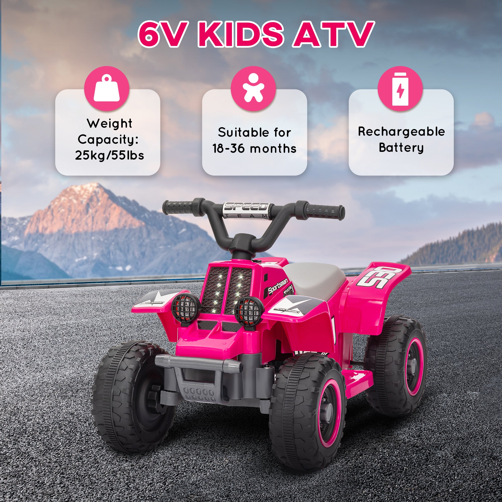 AIYAPLAY 6V Electric Quad Bike for Kids, Ride On ATV w/ Forward Backward, Headlights, for 18-36 Months - Pink