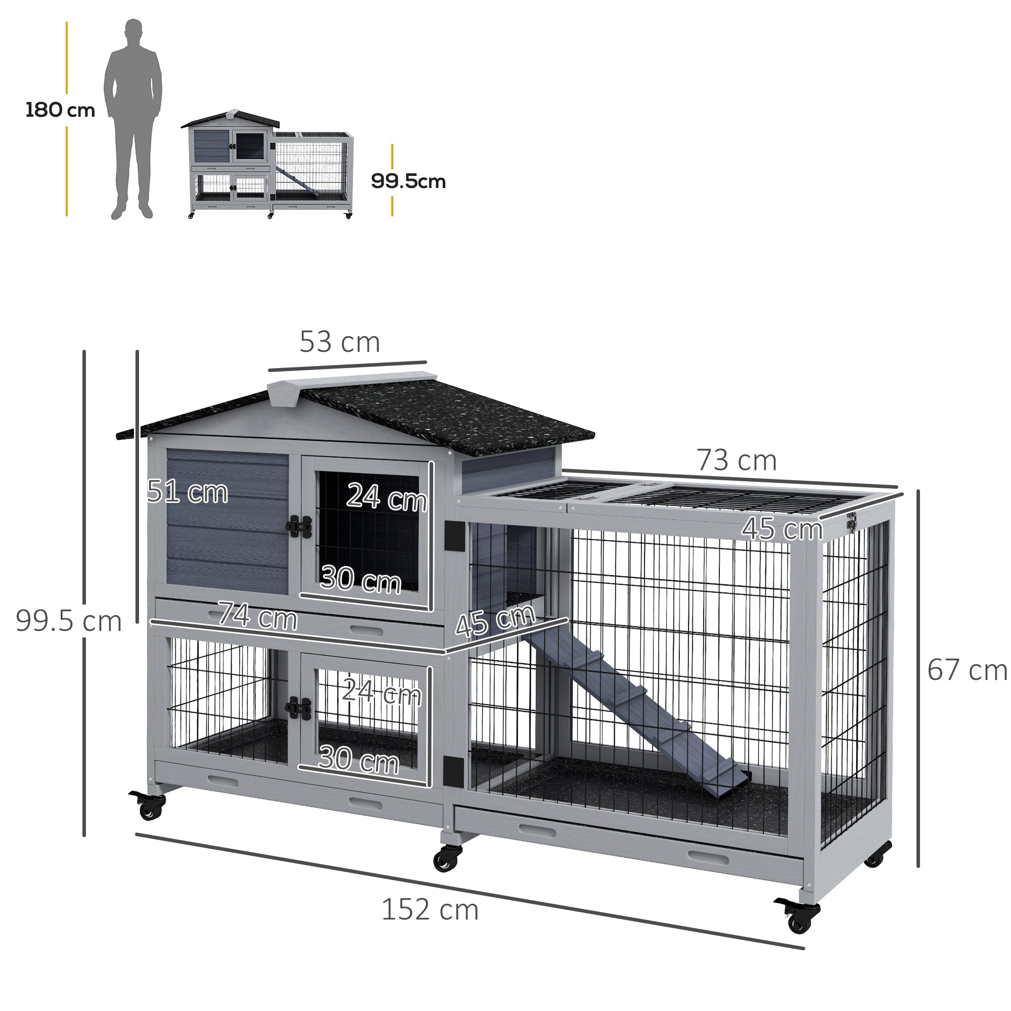 PawHut Portable Rabbit Cage, Rabbit Hutch with Run, Wheels, Three Slide-Out Trays, Ramp, Openable Top for Outdoor Indoor - Grey