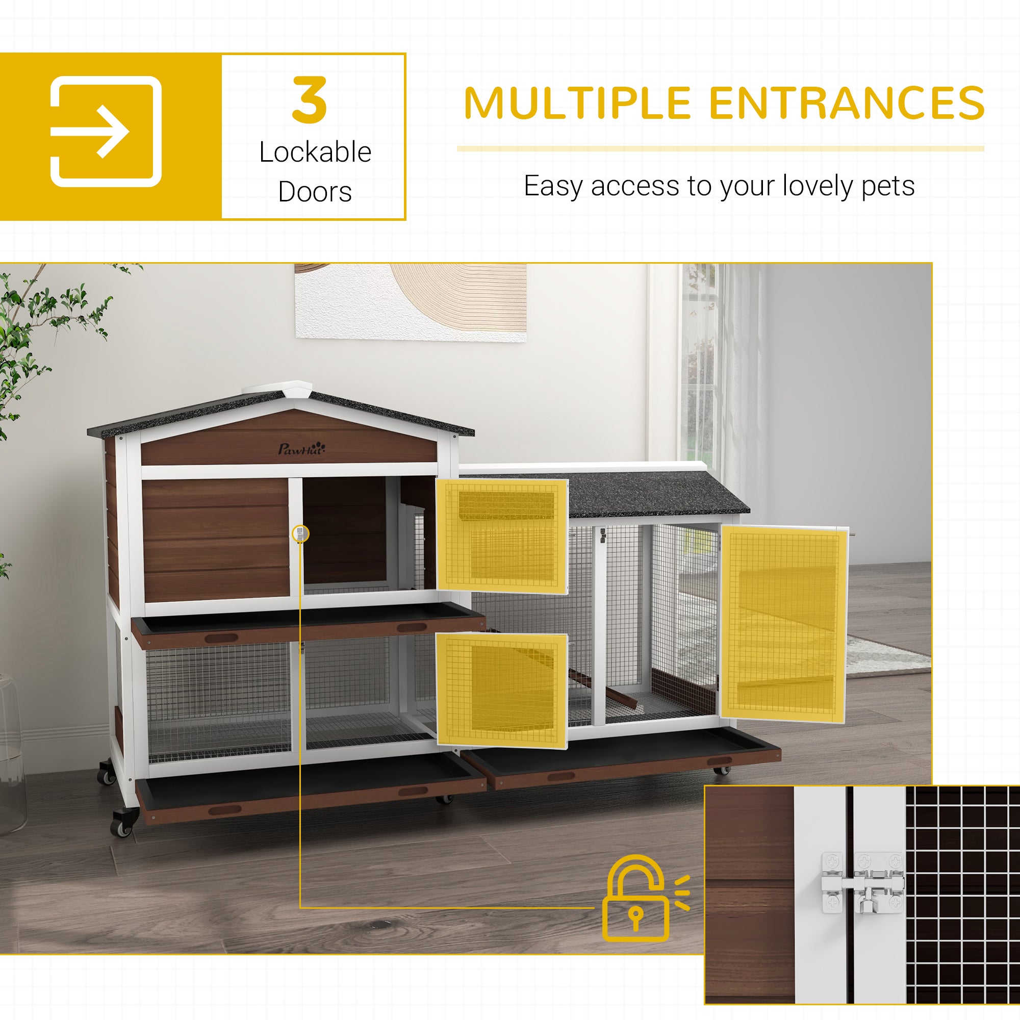 PawHut Wooden Two-Tier Pet Hutch with Wheels, Run - Brown - North Peak Garden Furniture