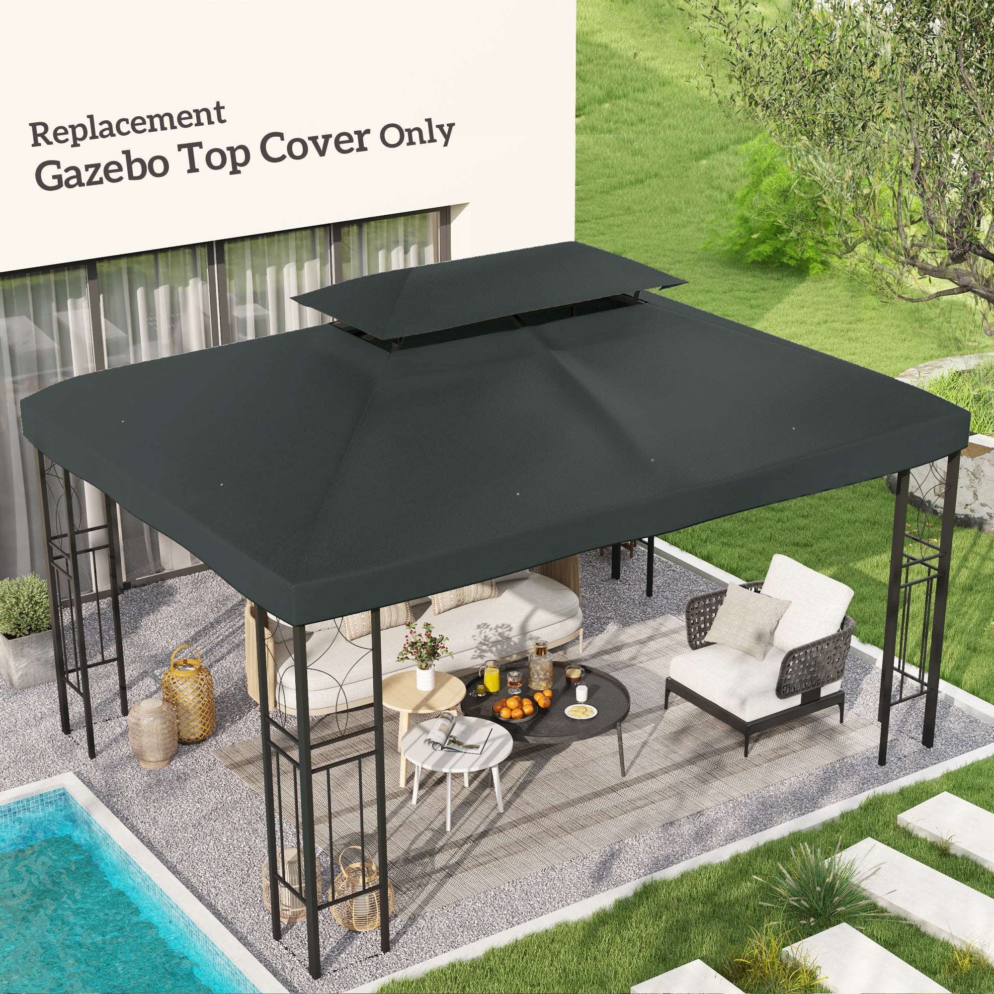 Outsunny 3x4m Gazebo Canopy Replacement Cover, 2 Tier Top Roof UV Cover Garden Patio Outdoor Sun Awning Shelters, Charcoal Grey (TOP COVER ONLY)