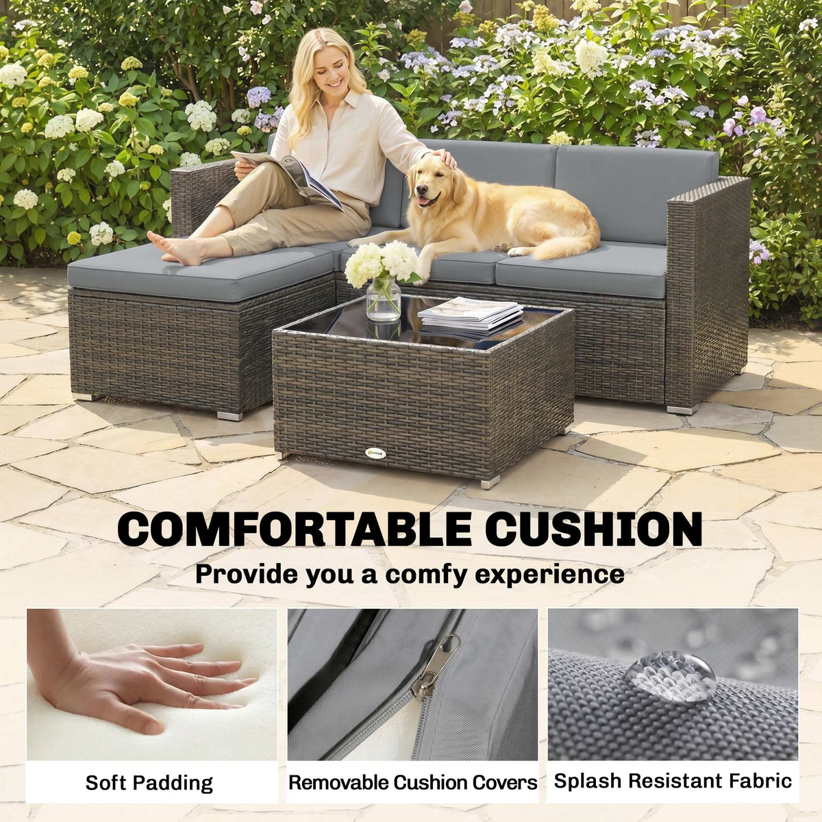 Outsunny 3 Pieces Garden Furniture Set w/ Cushions, PE Rattan Wicker Conversation Corner Sofa Set, Light Grey
