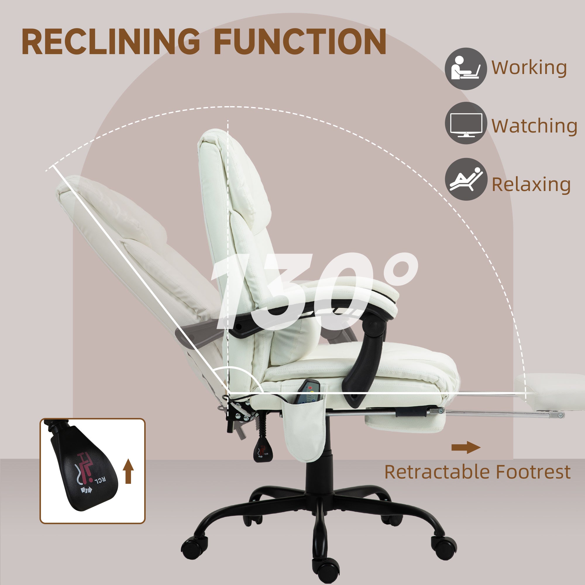 Vinsetto 6-Point Massage Office Chair, PU Leather Desk Chair with Adjustable Height and Footrest for Home Office, White - North Peak Garden Furniture