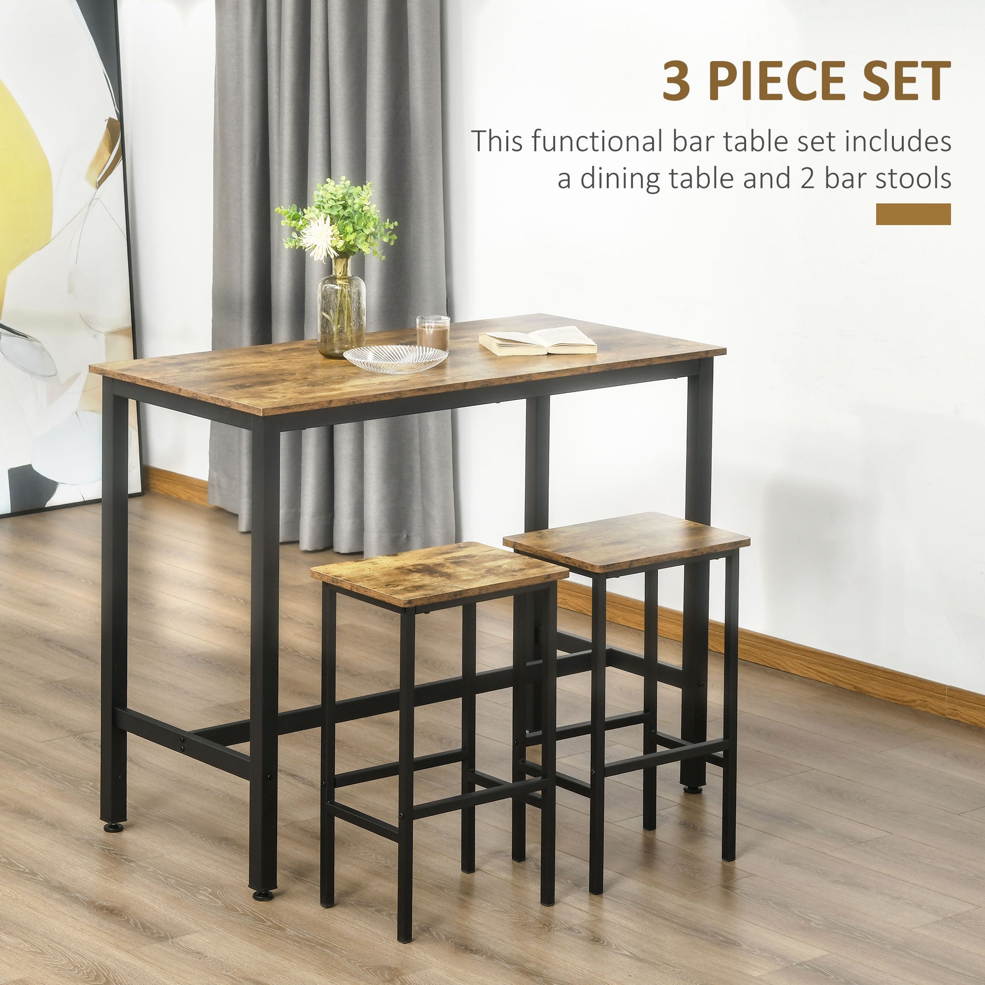 HOMCOM Industrial Bar Table Set, Breakfast Table with 2 Stools, 3-Piece Counter Height Dining Table & Chairs for Kitchen, Living Room, Rustic Brown - North Peak Garden Furniture