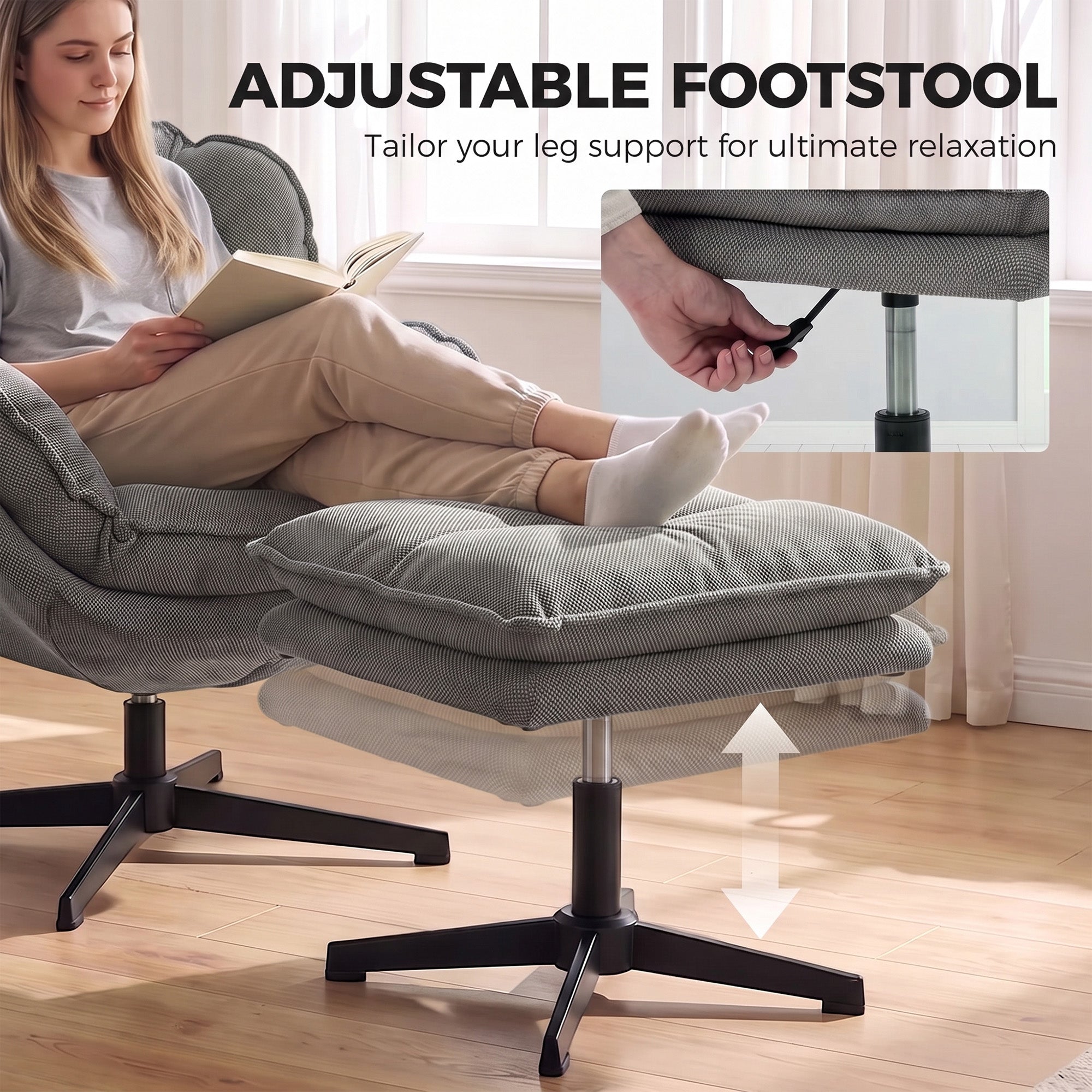 HOMCOM Armchair with Adjustable Footstool, 360-Degree Swivel Chenille Cloud Accent Chair with Thick Cushion, Steel Base, Grey