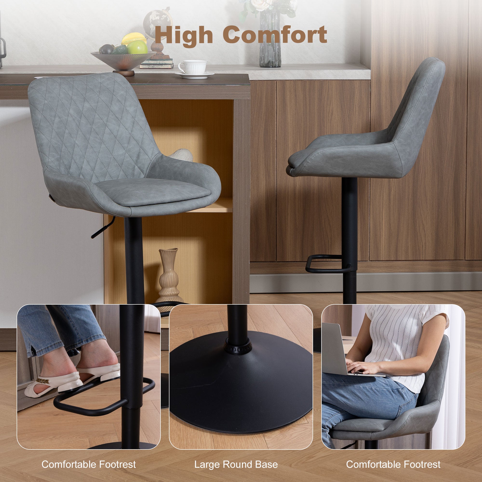 HOMCOM Set of Two Faux Leather Retro Bar Stools - Light Grey