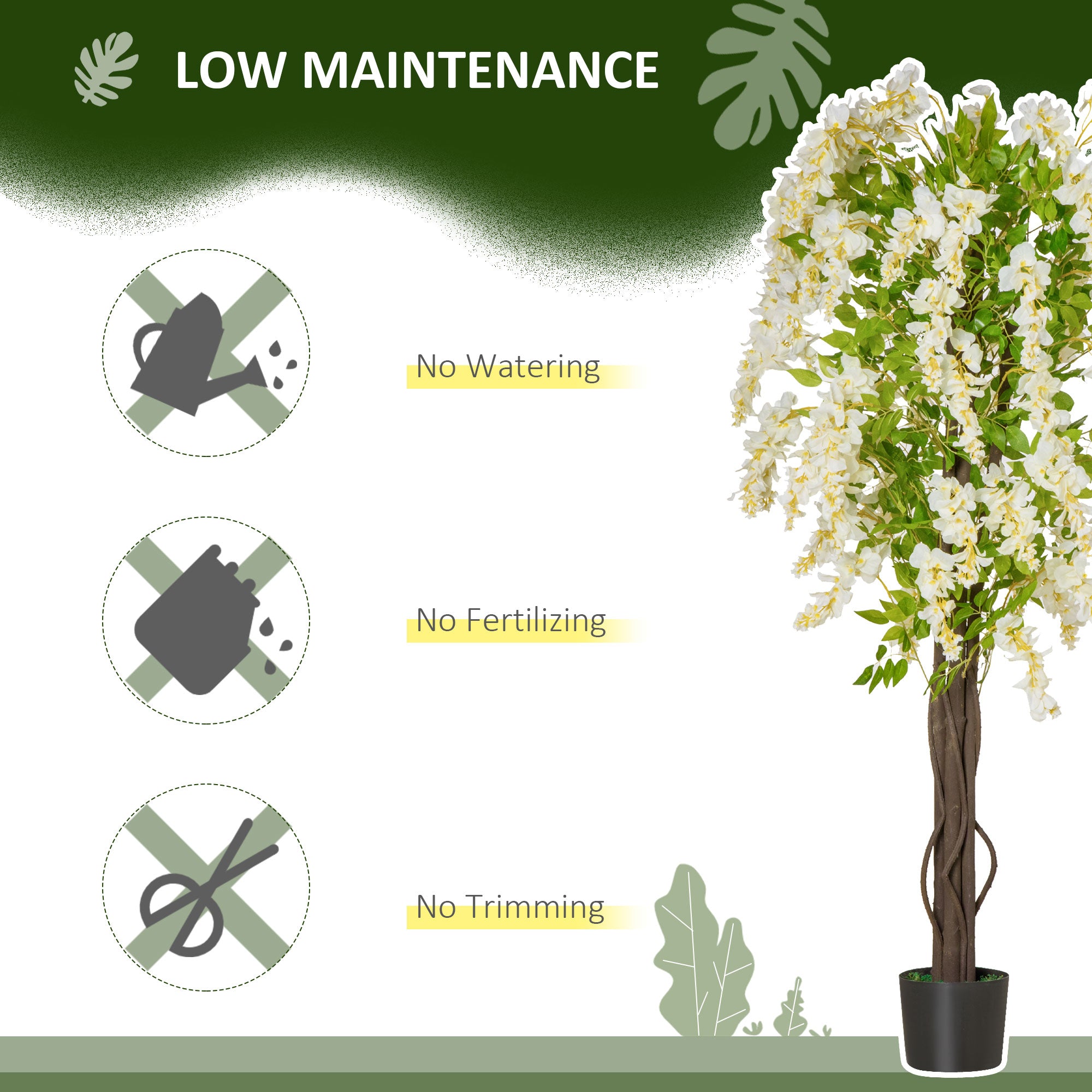 HOMCOM Artificial Plant White Wisteria Tree Faux Decorative Plant in Nursery Pot for Indoor Decor, 160cm