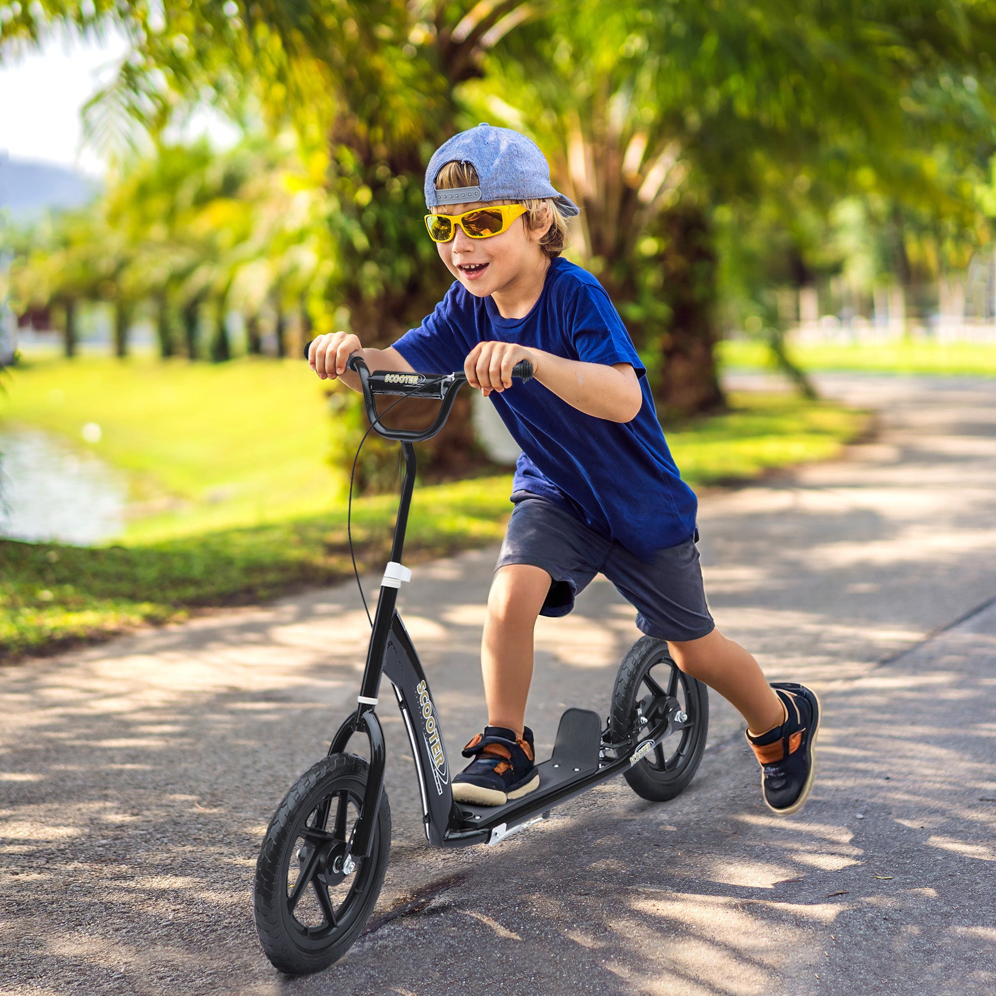 HOMCOM Teen Push Scooter Kids Children Stunt Scooter w/ 12" EVA Tyres, Black