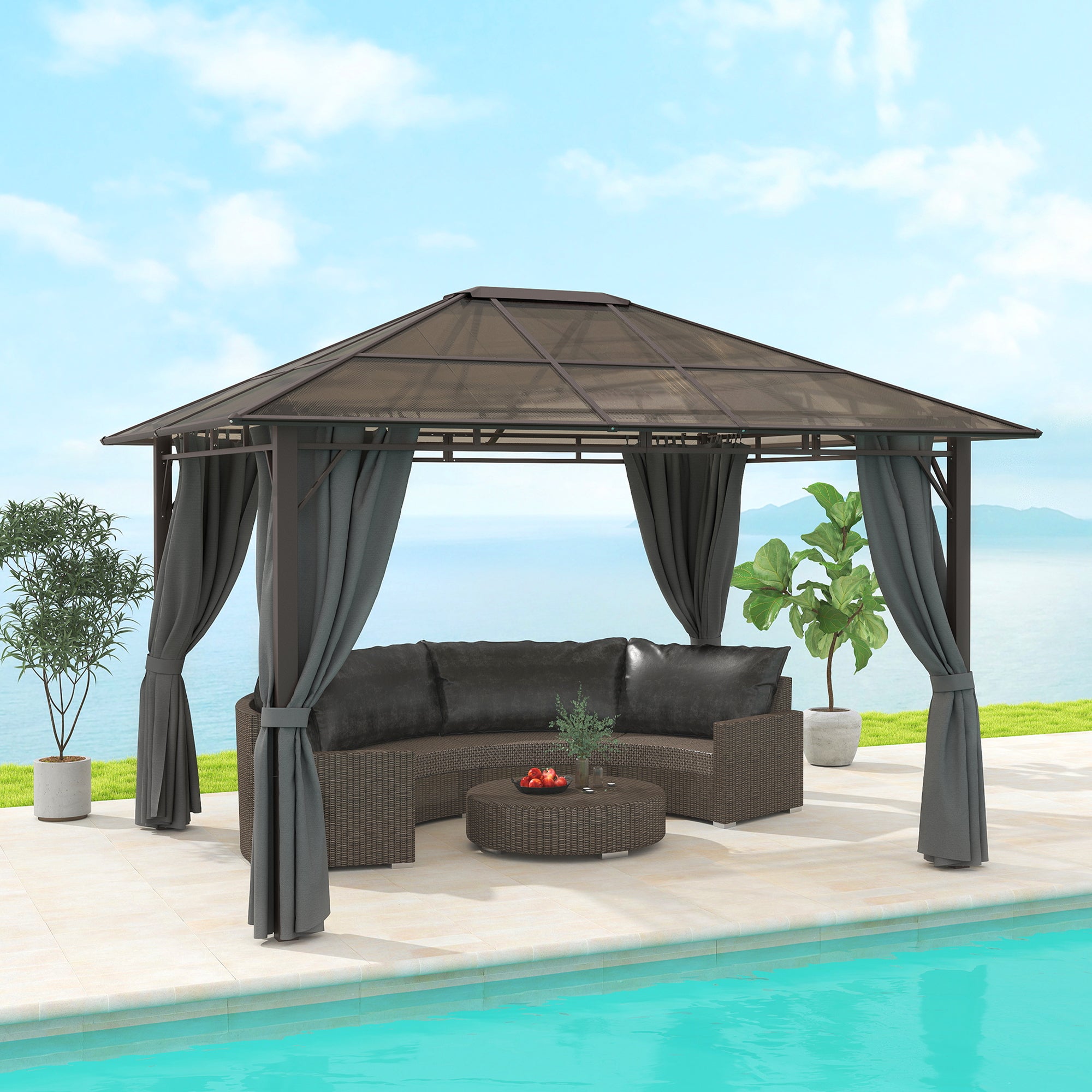 Outsunny 3 x 3.6m Hardtop Gazebo Canopy with Polycarbonate Roof Garden Pavilion with Removable Curtains and Steel Frame, Dark Grey - North Peak Garden Furniture
