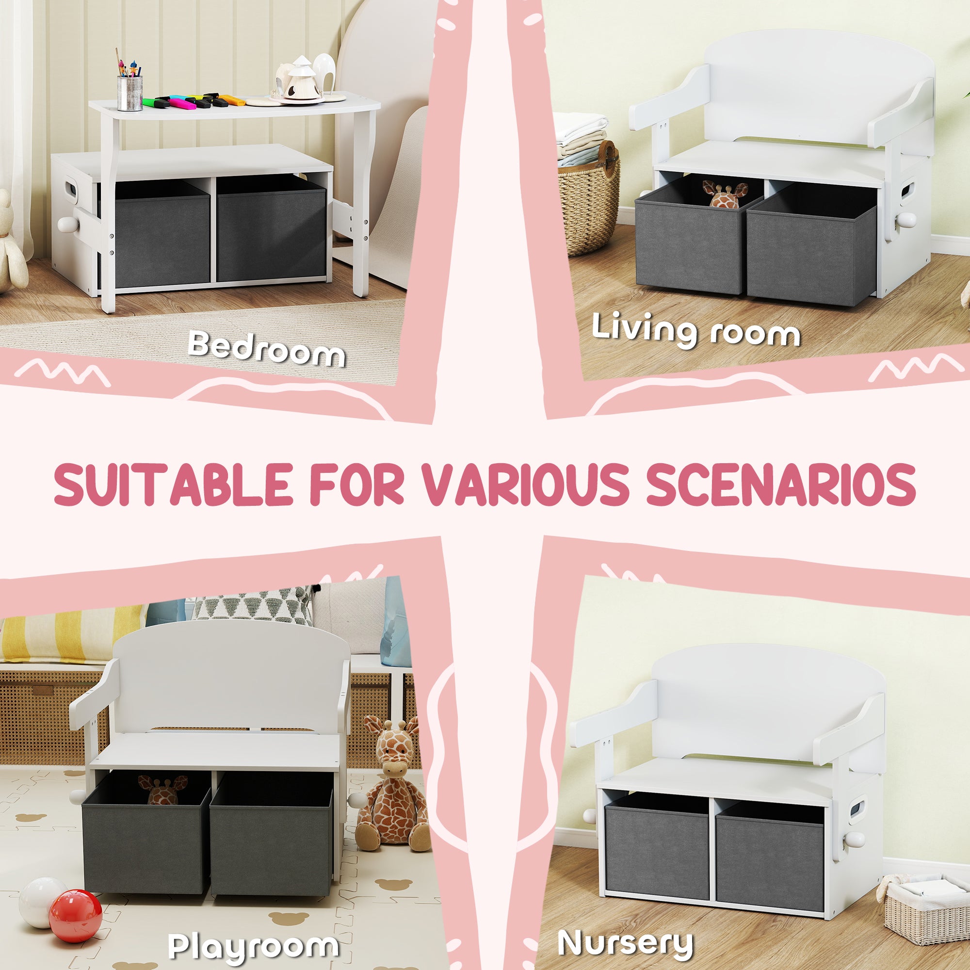 AIYAPLAY 3 in 1 Kids Storage Bench, Convertible Children Table and Chair Set with 2 Fabric Bins, Toy Storage Box, White