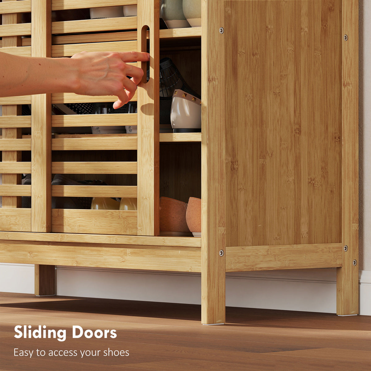 HOMCOM Bamboo Shoe Cabinet with 2 Sliding Slat Doors, 16Pairs, Adjustable Shelves, Natural