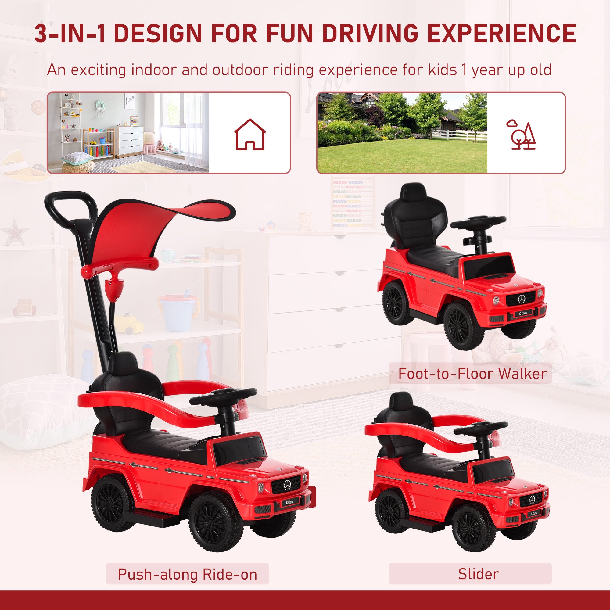 HOMCOM 3 in 1 Kids Children Ride on Push Car Toddler Sliding Car G350 Licensed Walker Foot to Floor Slider Push-Along with Horn Steering Wheel NO POWER Manual, Red - North Peak Garden Furniture