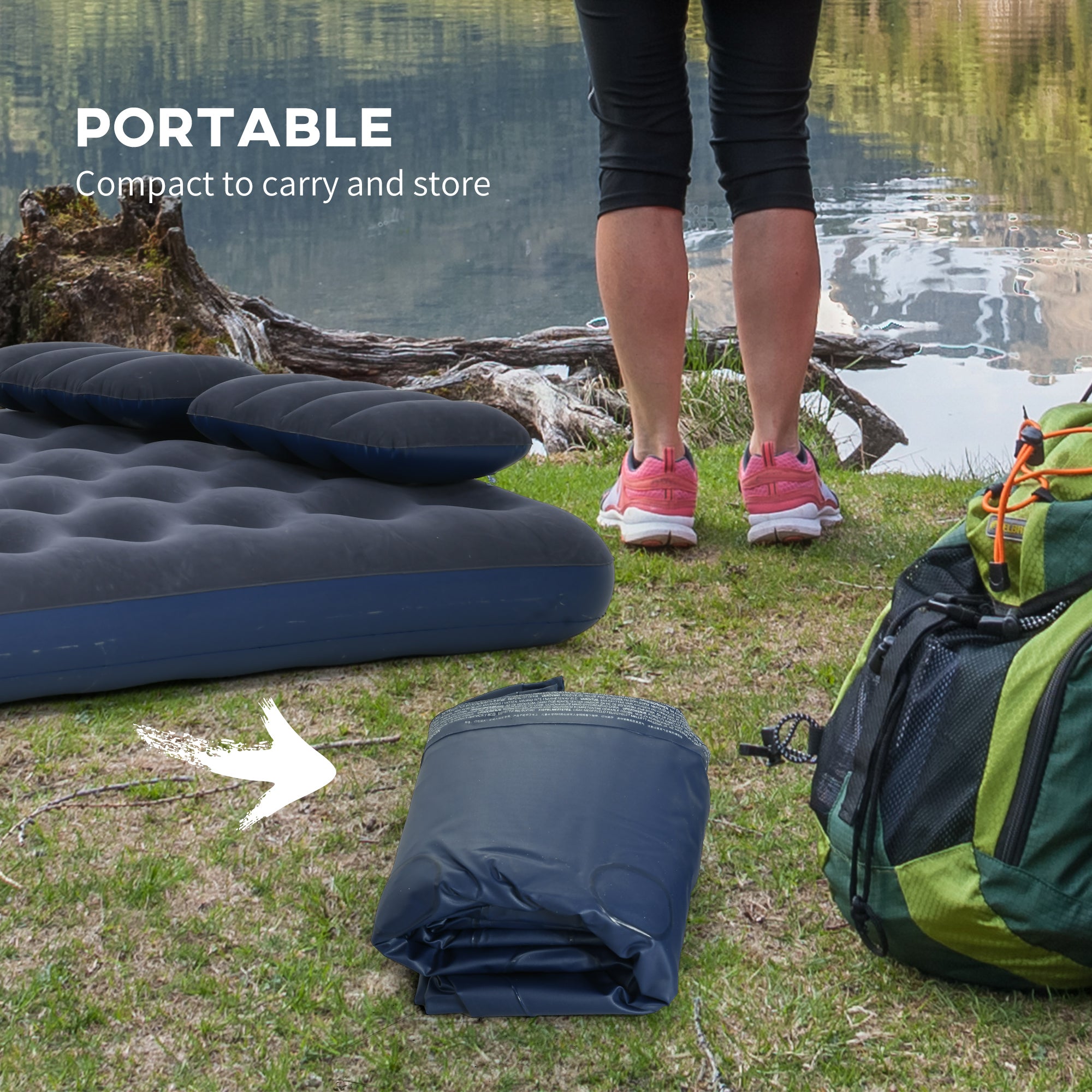 Outsunny Inflatable King Size Air Bed, with Built-In Hand Pump - Blue - North Peak Garden Furniture