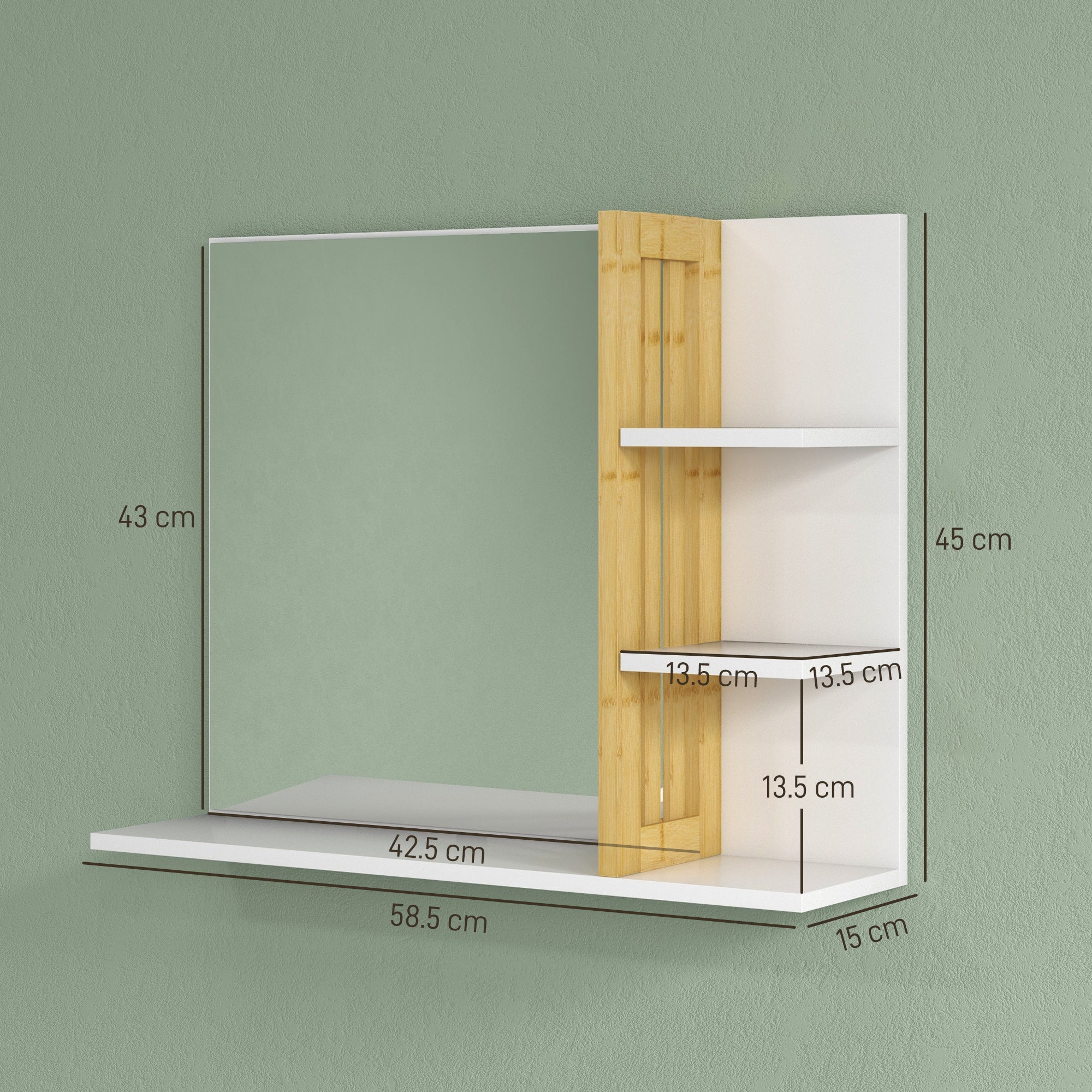 HOMCOM Bamboo Panel Bathroom Mirror, with Shelves - White - North Peak Garden Furniture