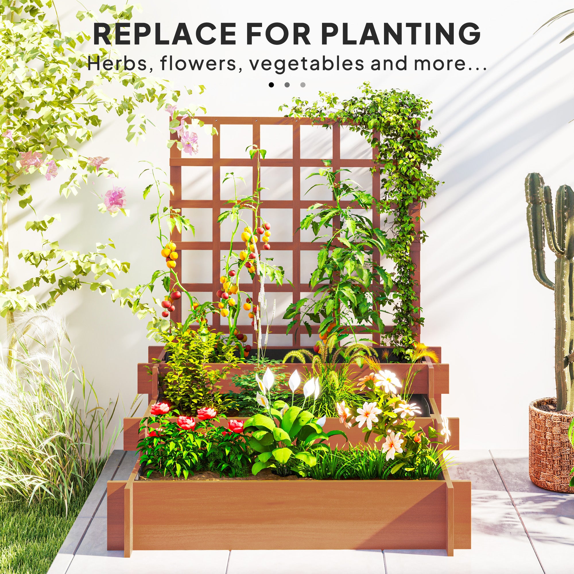 Outsunny 3 Tier Garden Planters with Trellis for Vine Climbing, Wooden Raised Beds, 95x95x110cm, Brown - North Peak Garden Furniture