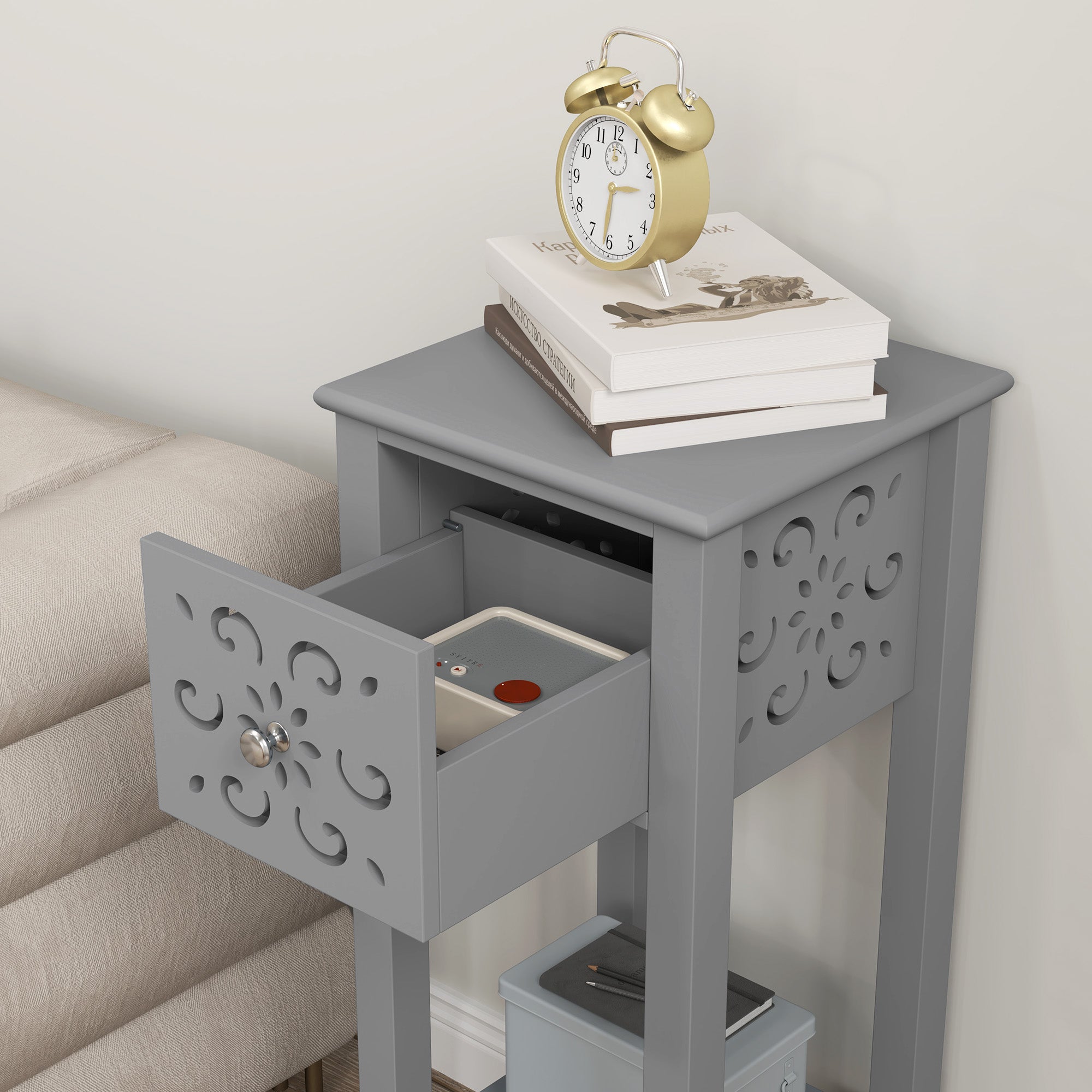 HOMCOM Set of Two Elegant Floral Cut-Out Side Tables - Grey - North Peak Garden Furniture