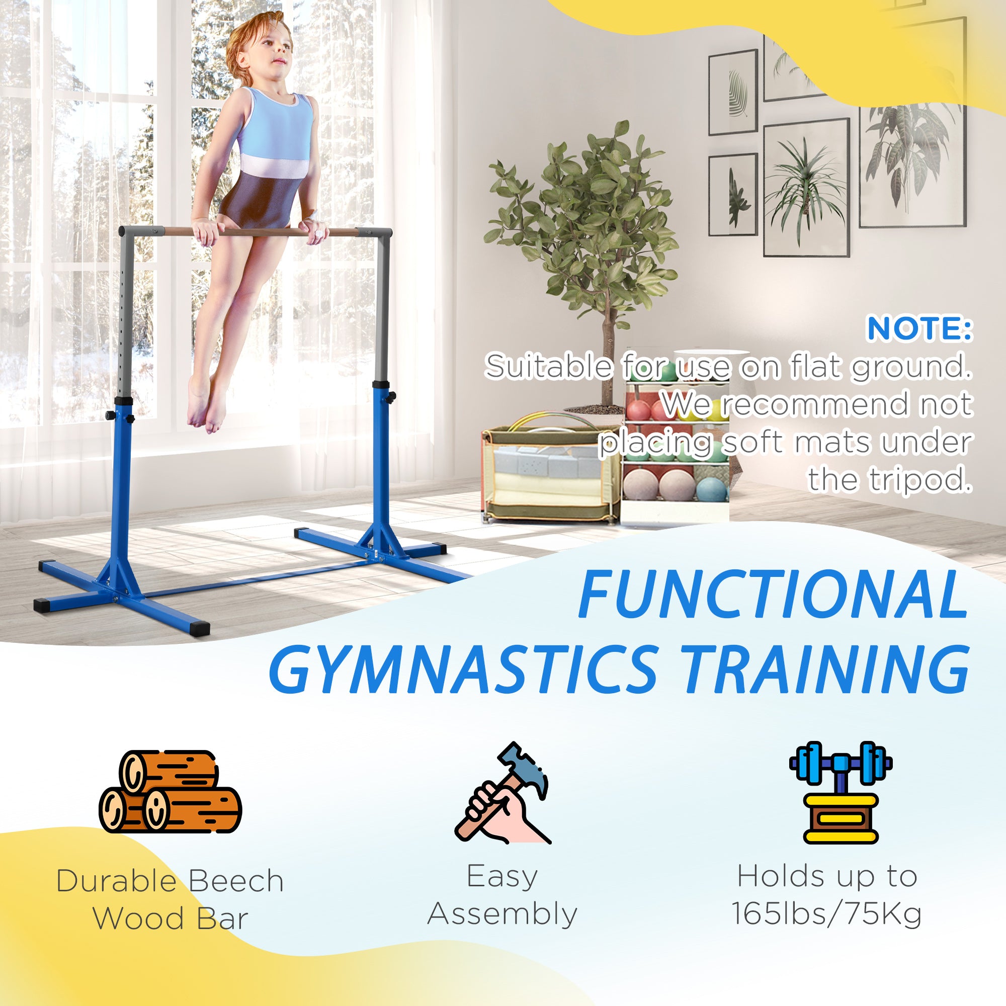 HOMCOM Height Adjustable Gymnastics Horizontal Bar For Kids Home Gym Training Children Junior Kip High Bar Fitness Blue - North Peak Garden Furniture