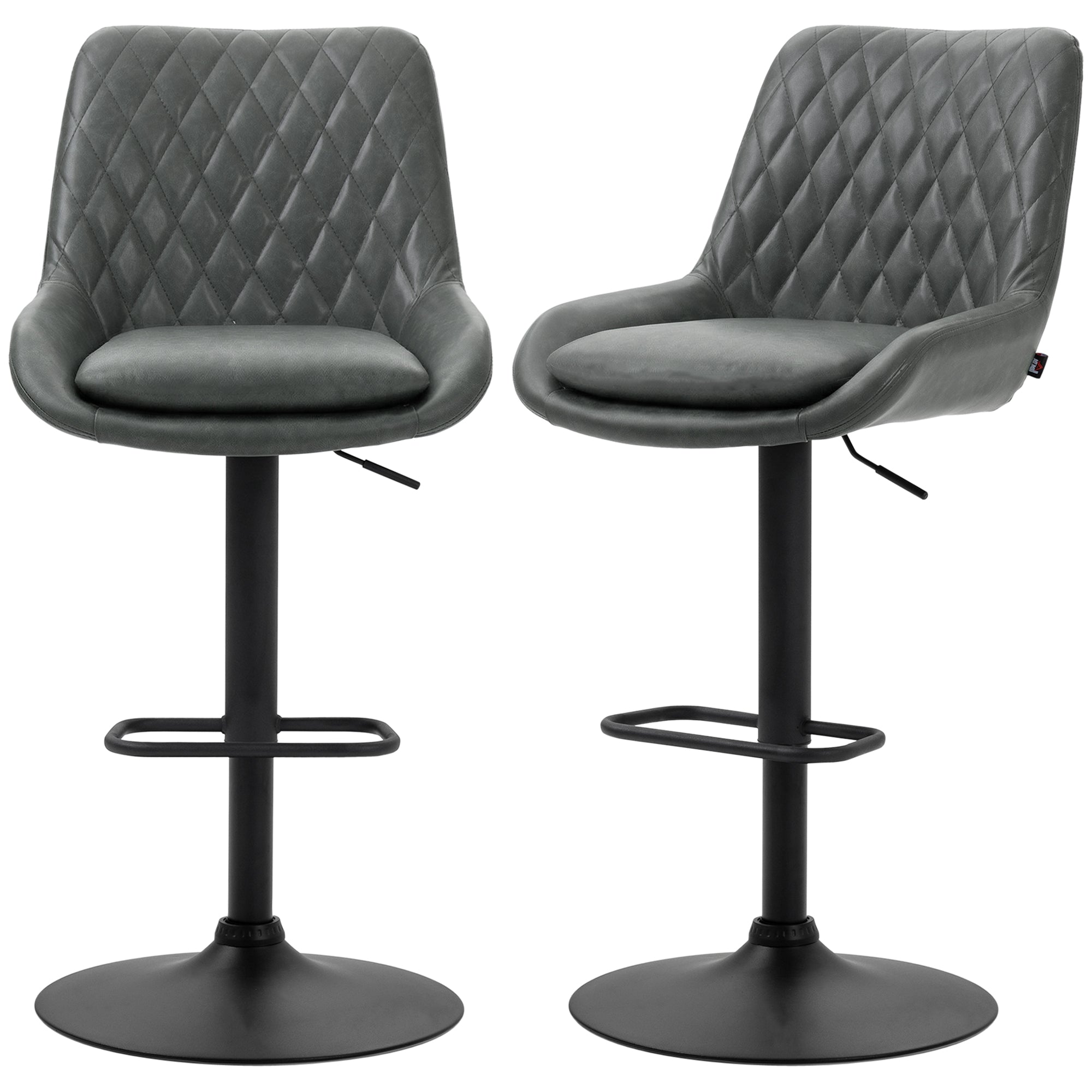 HOMCOM Retro Bar Stools Set of 2, Adjustable Kitchen Stool, Upholstered Bar Chairs with Back, Swivel Seat, Dark Grey