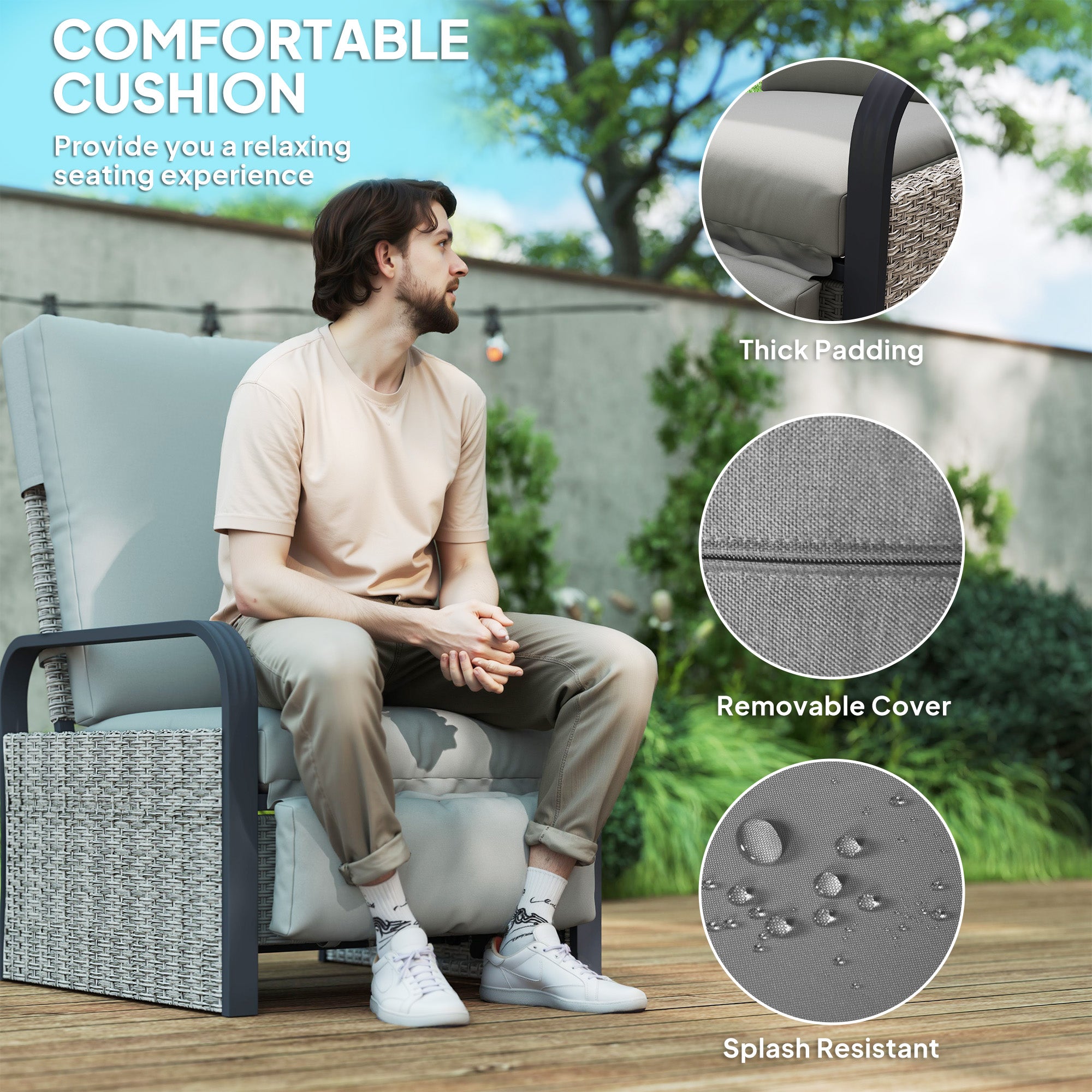 Outsunny 140° Reclining Rattan Armchair - Mixed Grey - North Peak Garden Furniture