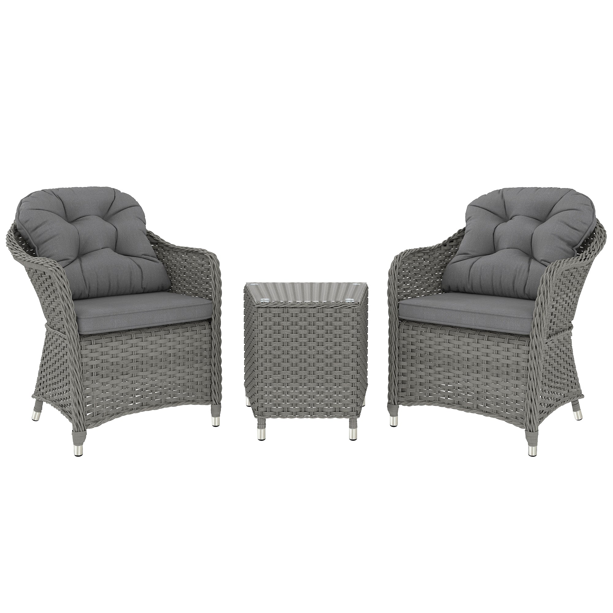 Outsunny 3 Pieces Rattan Bistro Set, Wicker Garden Bistro Set, Glass Top Balcony Table and Chairs with Cushions for Outdoor, Patio, Balcony, Light Grey - North Peak Garden Furniture
