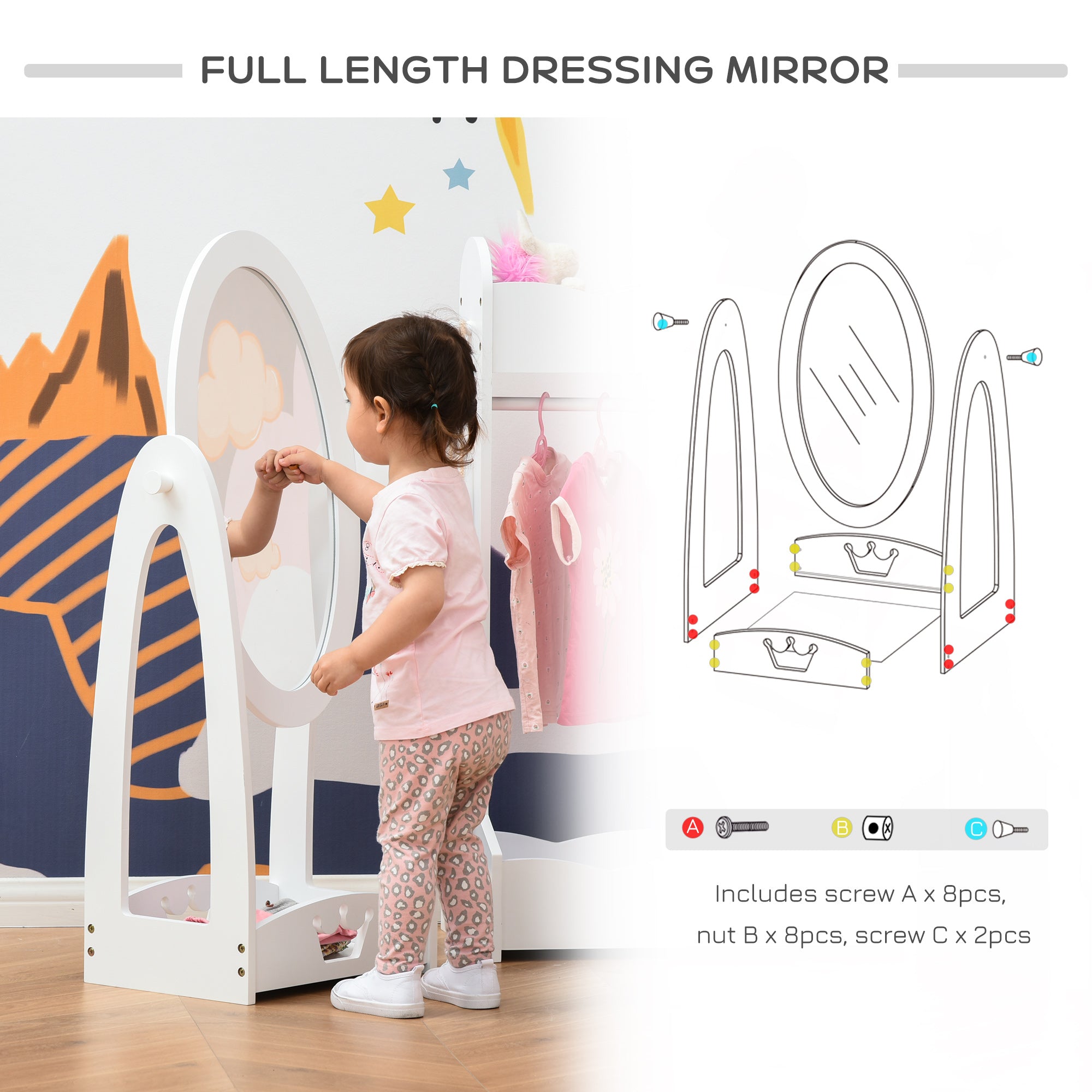 HOMCOM Kids Clothes Rail and Mirror Set 360° Rotation Free Standing Full Length Mirror and Hanging Rack with Storage Shelves Child's Dressing Mirror Garment Wardrobe White