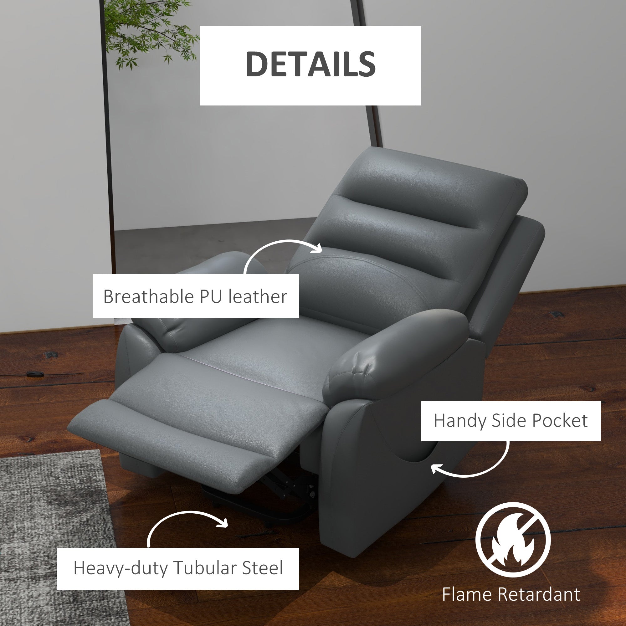 HOMCOM Electric Riser and Recliner for Elderly with 8 Vibration Massage, PU Leather Power Lift Recliner Chair for Living Room with Side Pockets, Footrest, Grey - North Peak Garden Furniture