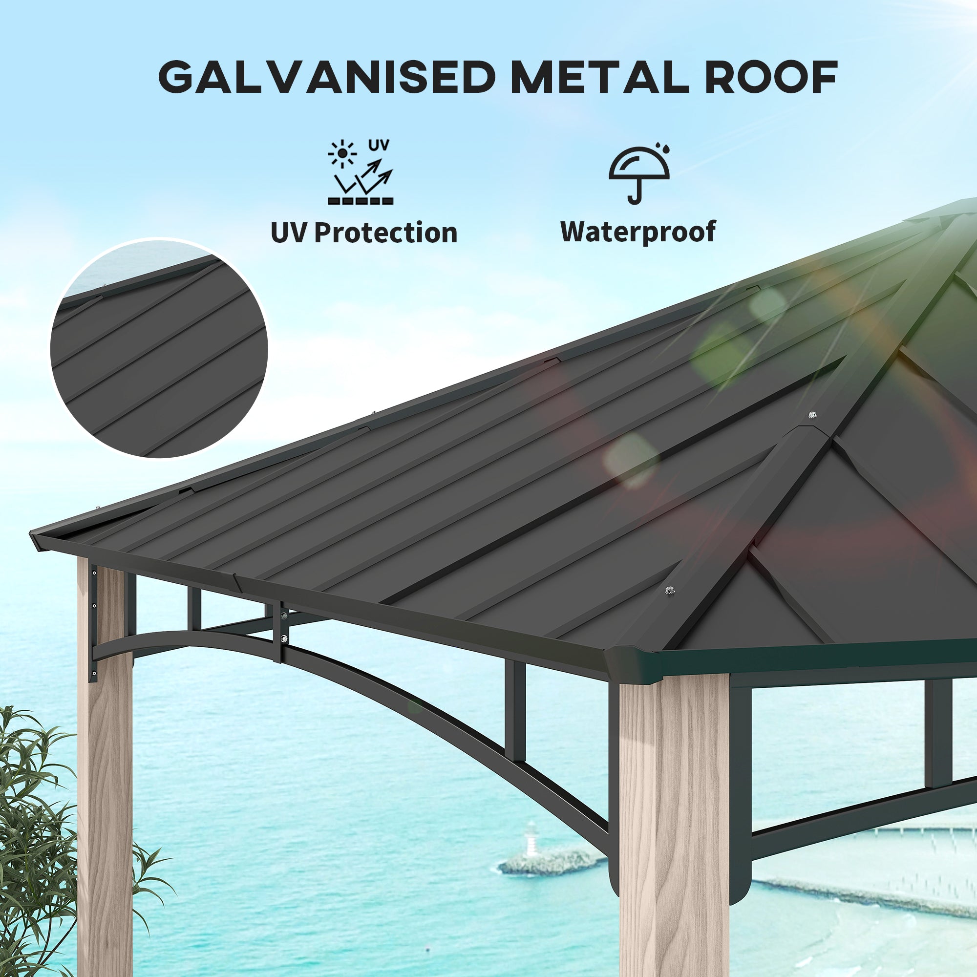 Outsunny 3 x 3 m Decorative Metal Gazebo - Black/Wood-Effect - North Peak Garden Furniture