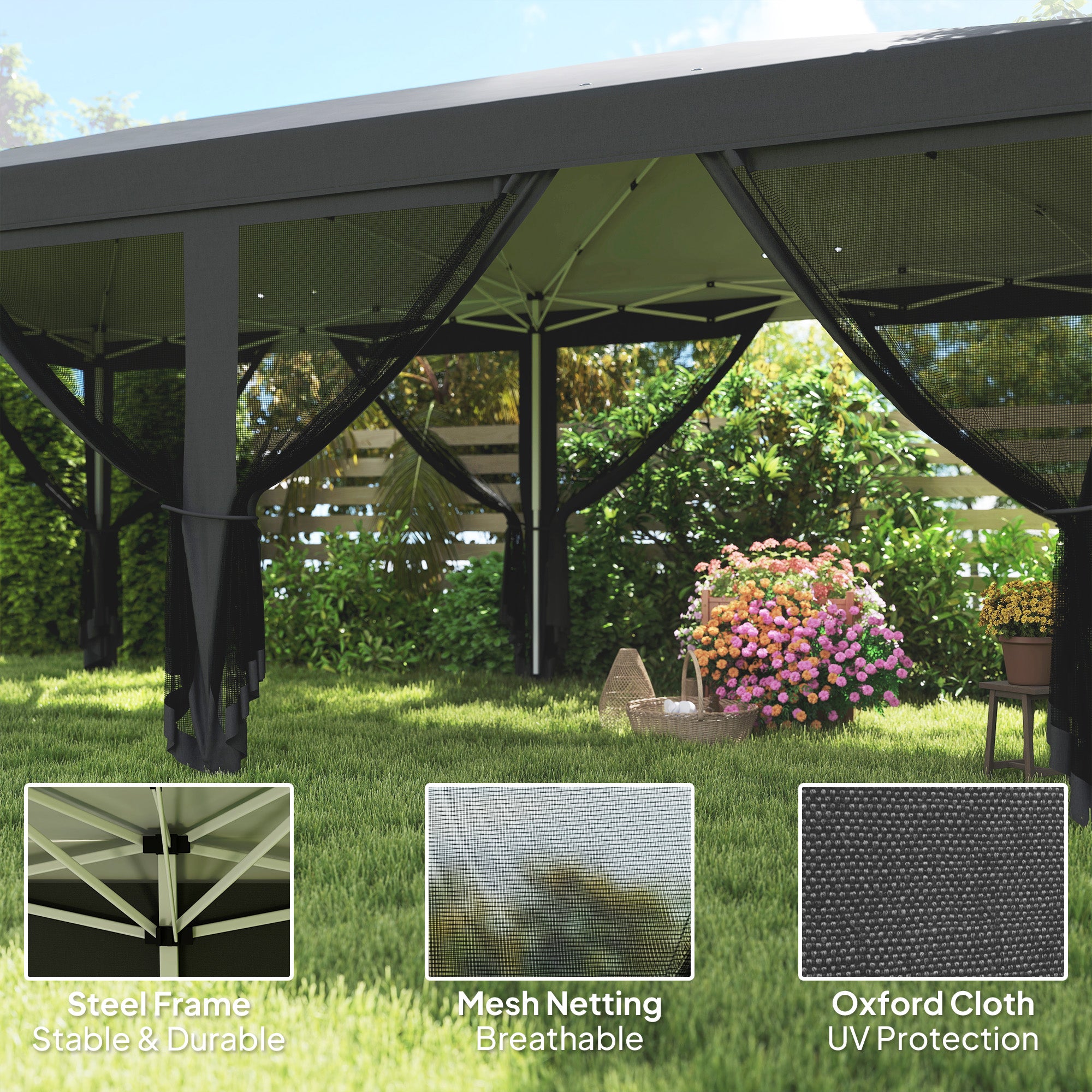 Outsunny 3 x 6m Pop Up Gazebo, Outdoor Canopy Shelter, Marquee Party Wedding Tent with 6 Mesh Walls and Carry Bag, Black - North Peak Garden Furniture