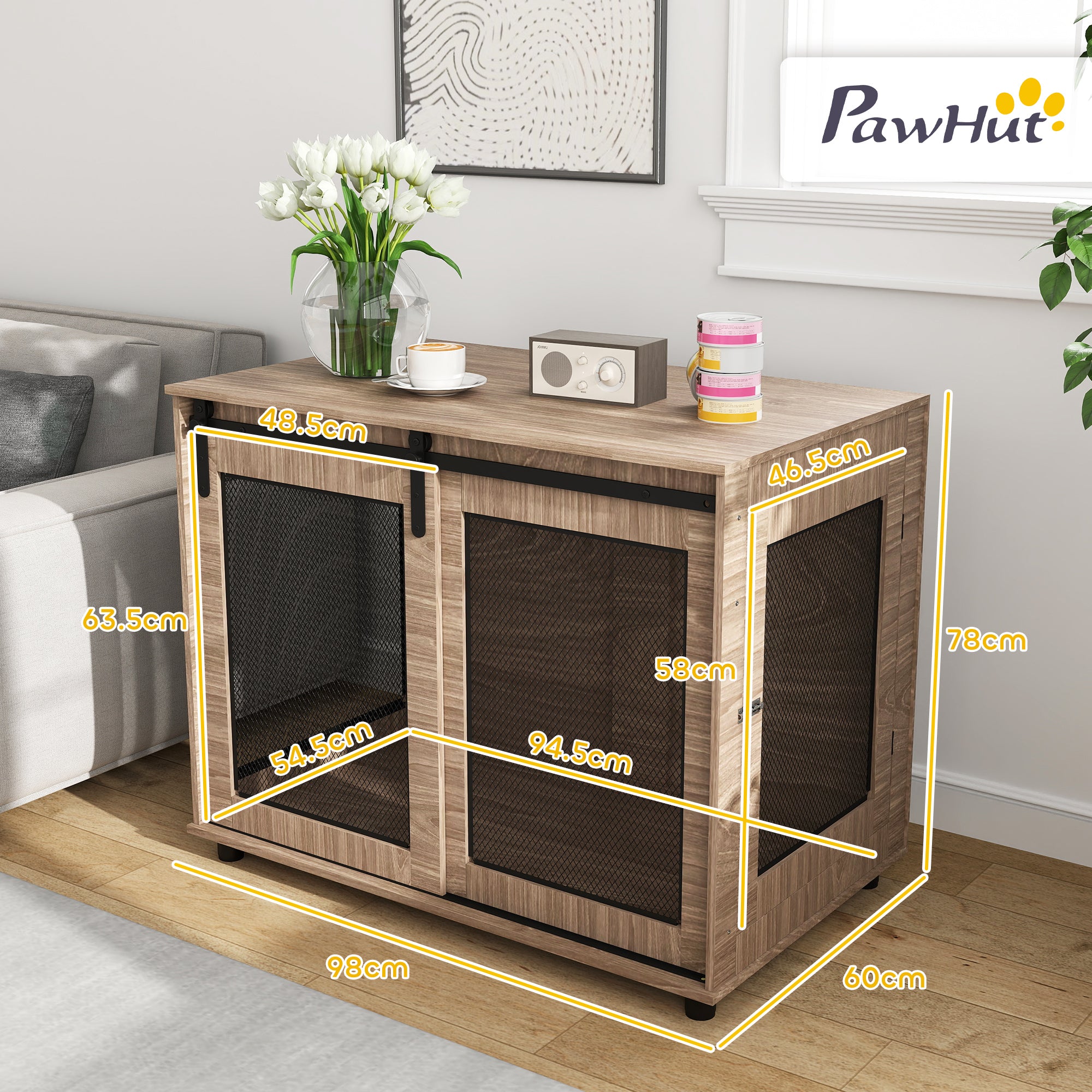 PawHut Dog Crate Furniture with Sliding Door for Large Dogs, 98 x 60 x 78cm, Walnut Brown