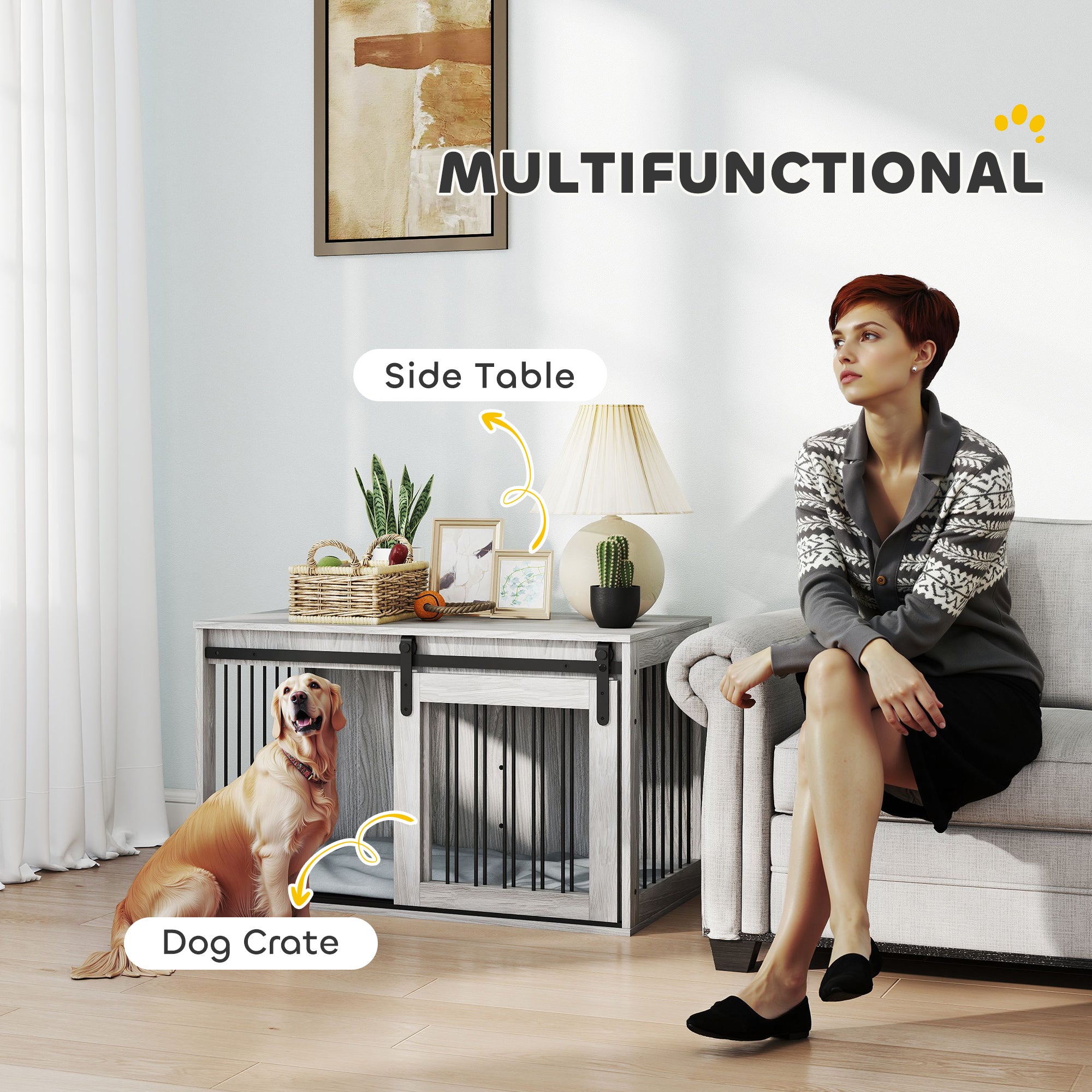 PawHut 98cm Dog Crate Furniture with Removable Cushion for Large Dogs - Grey - North Peak Garden Furniture