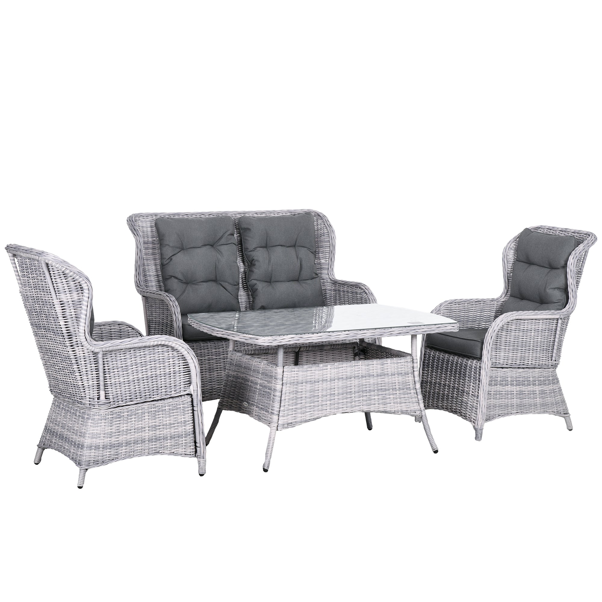 Outsunny Garden PE Rattan Dining Sofa Set, Outdoor 4 Seater Wicker Furniture, High Back Chairs with Cushions, Tempered Glass Coffee Table for Lawn, Backyard, Mixed Grey - North Peak Garden Furniture