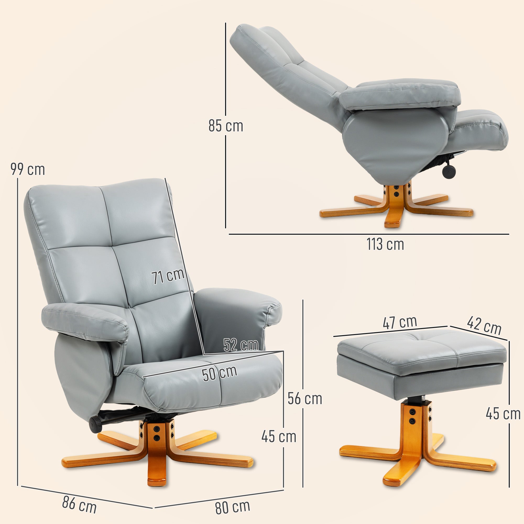 HOMCOM PU Leather Swivel Recliner Chair with Footstool, Wooden Base and Storage for Living Room, Light Grey
