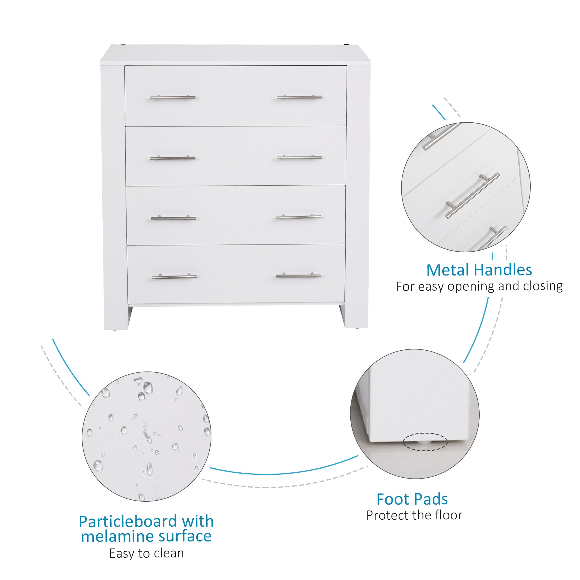HOMCOM Chest Of 4 Drawers Storage Cabinet Bedroom Clothes w/Metal Handles Base Freestanding Unit Furnishing Living Room White - North Peak Garden Furniture