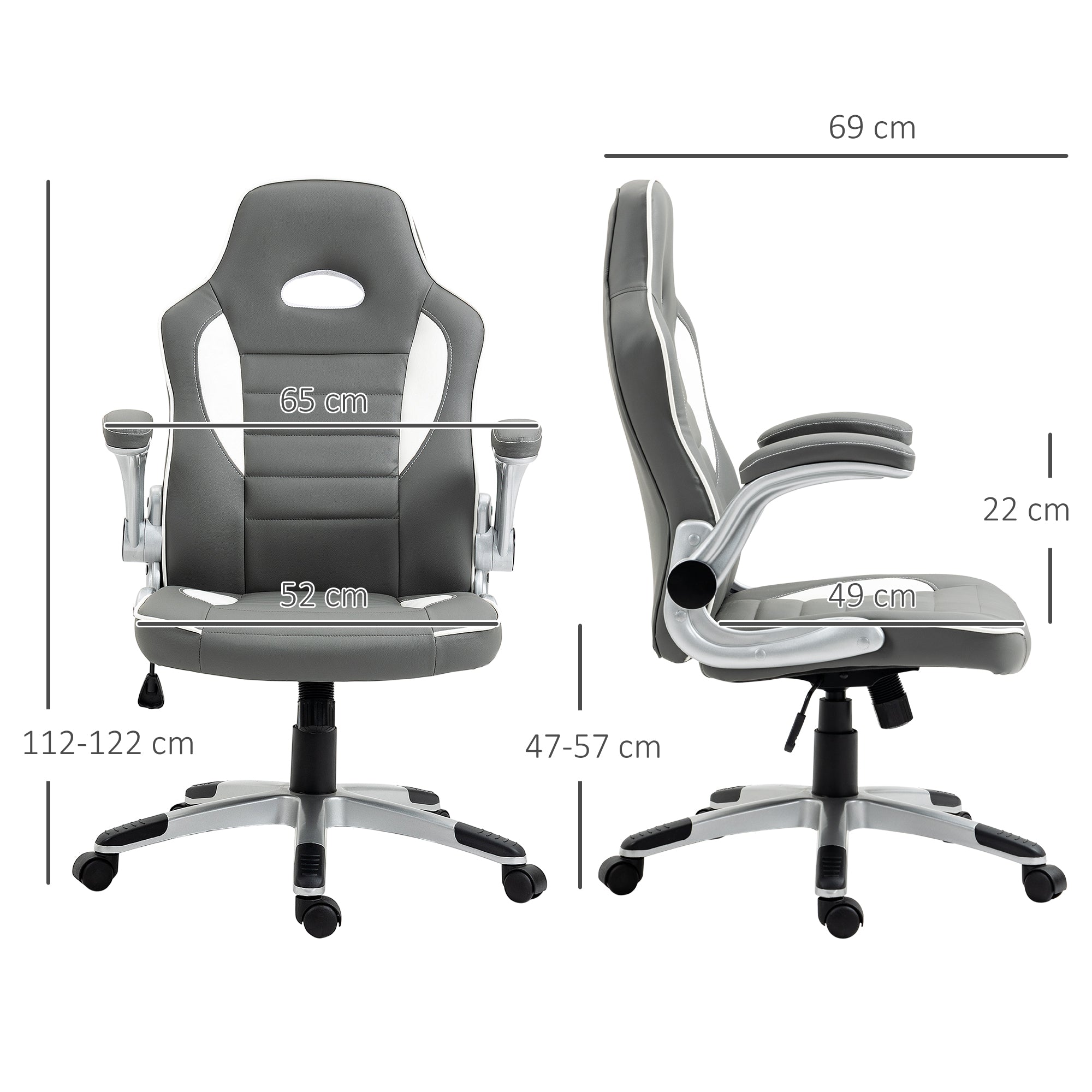 Vinsetto Computer Gaming Chair, Office Desk Swivel Chair, PU Leather Racing Chair with 90° Flip-up Armrest, Adjustable Height and Rolling Wheels, Grey - North Peak Garden Furniture