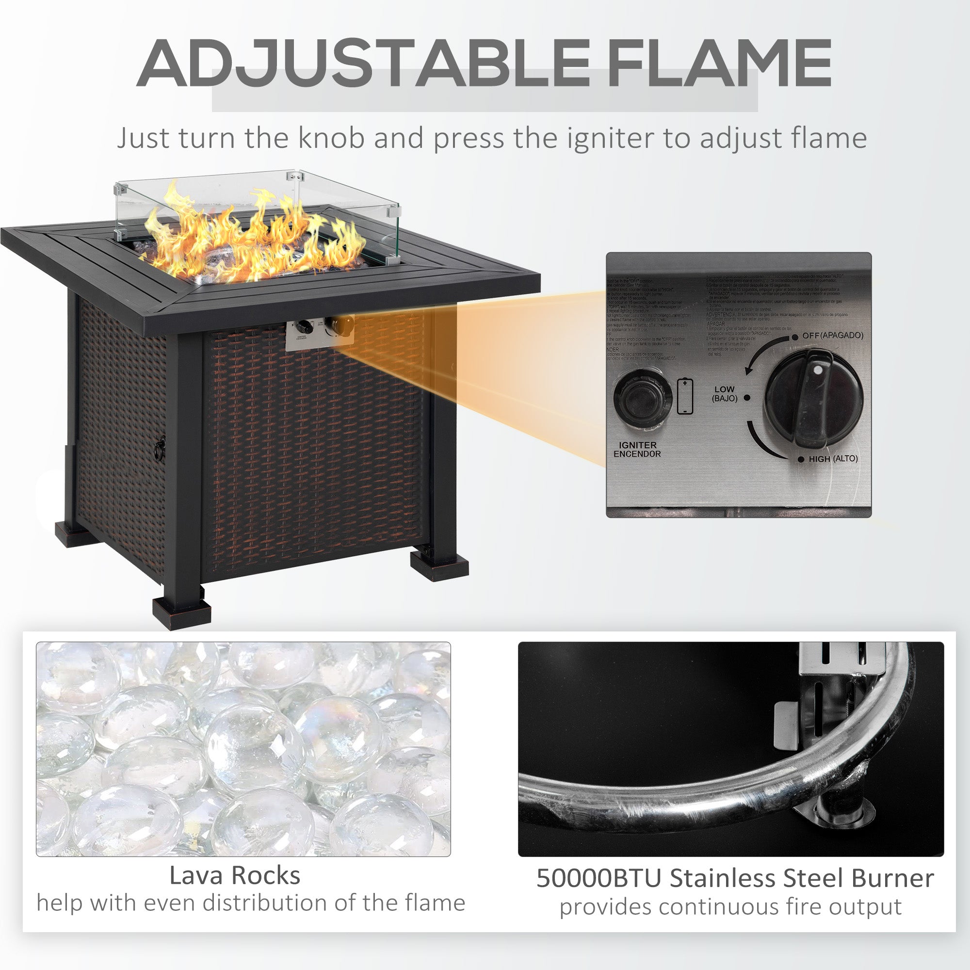 Outsunny Square Propane Gas Fire Pit Table, 50000 BTU Rattan Smokeless Firepit Patio Heater with Glass Screen, Glass Beads and Lid, 81cm x 81cm x 64cm, Black - North Peak Garden Furniture