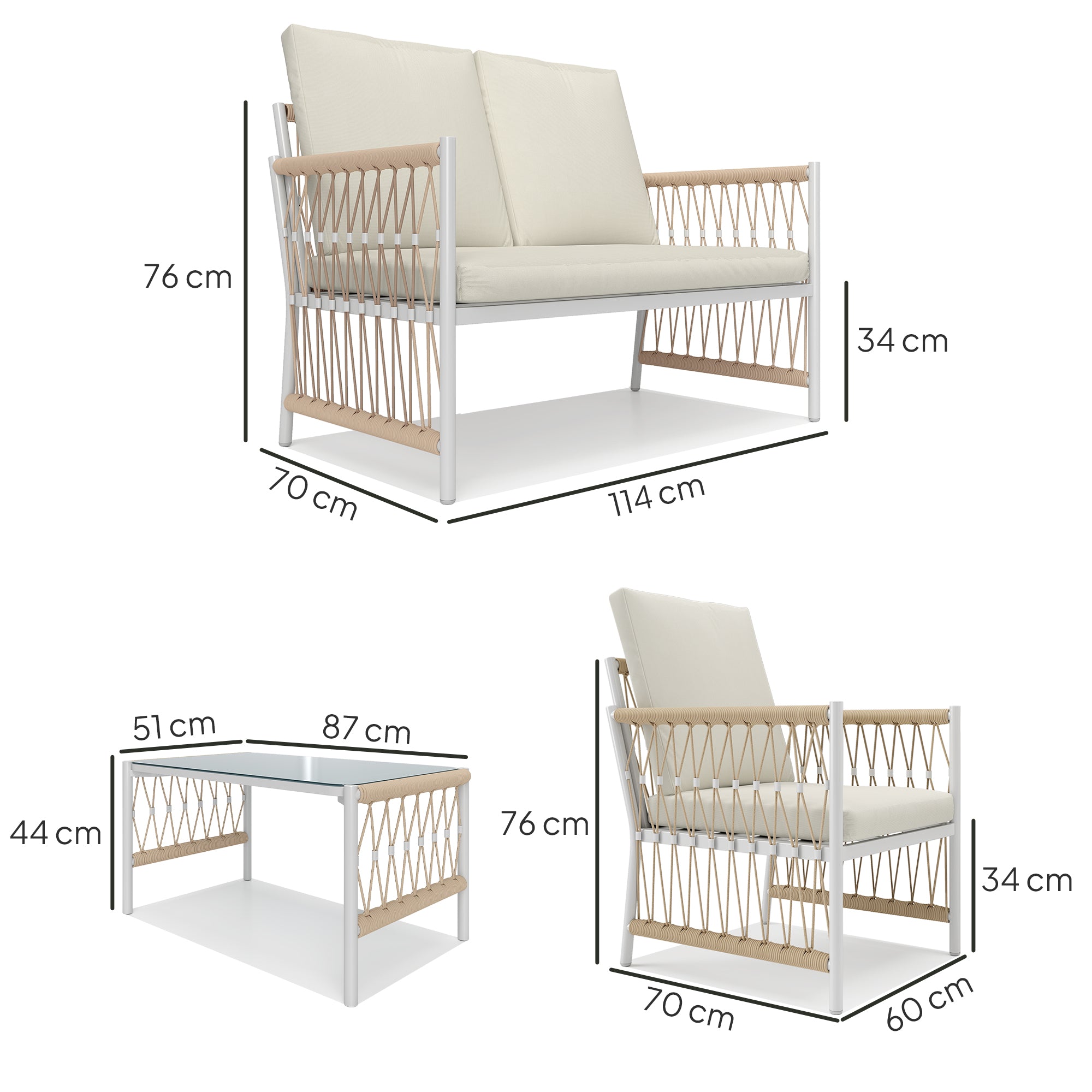 Outsunny 4 Piece Rattan Garden Furniture Set, 4 Seater Wicker Patio Conversation Set with 2 Armchairs, Loveseat, Glass Top Coffee Table and Cushions for Outdoor, Balcony, Khaki - North Peak Garden Furniture