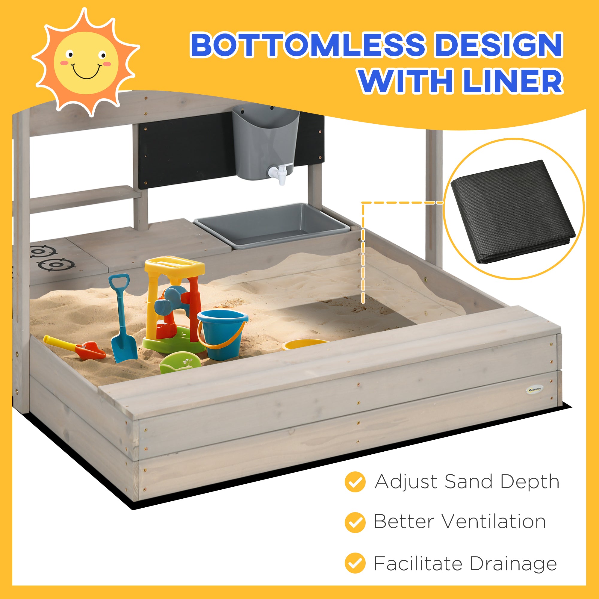 Outsunny Kids Wooden Sandbox w/ Canopy, Kitchen Toys, Seat, Storage, for 3-7 Years Old Outdoor Play - North Peak Garden Furniture