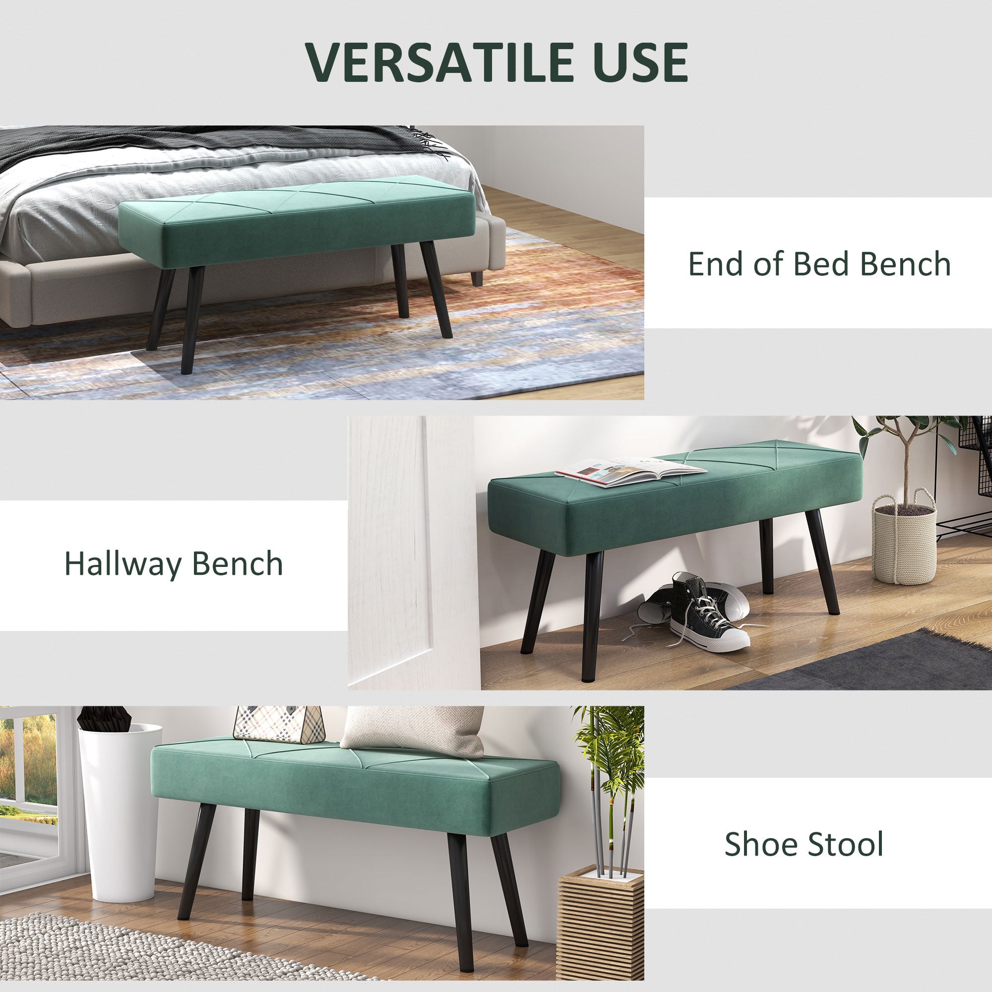 HOMCOM End of Bed Bench with X-Shape Design and Steel Legs, Upholstered Hallway Bench for Bedroom, Green - North Peak Garden Furniture