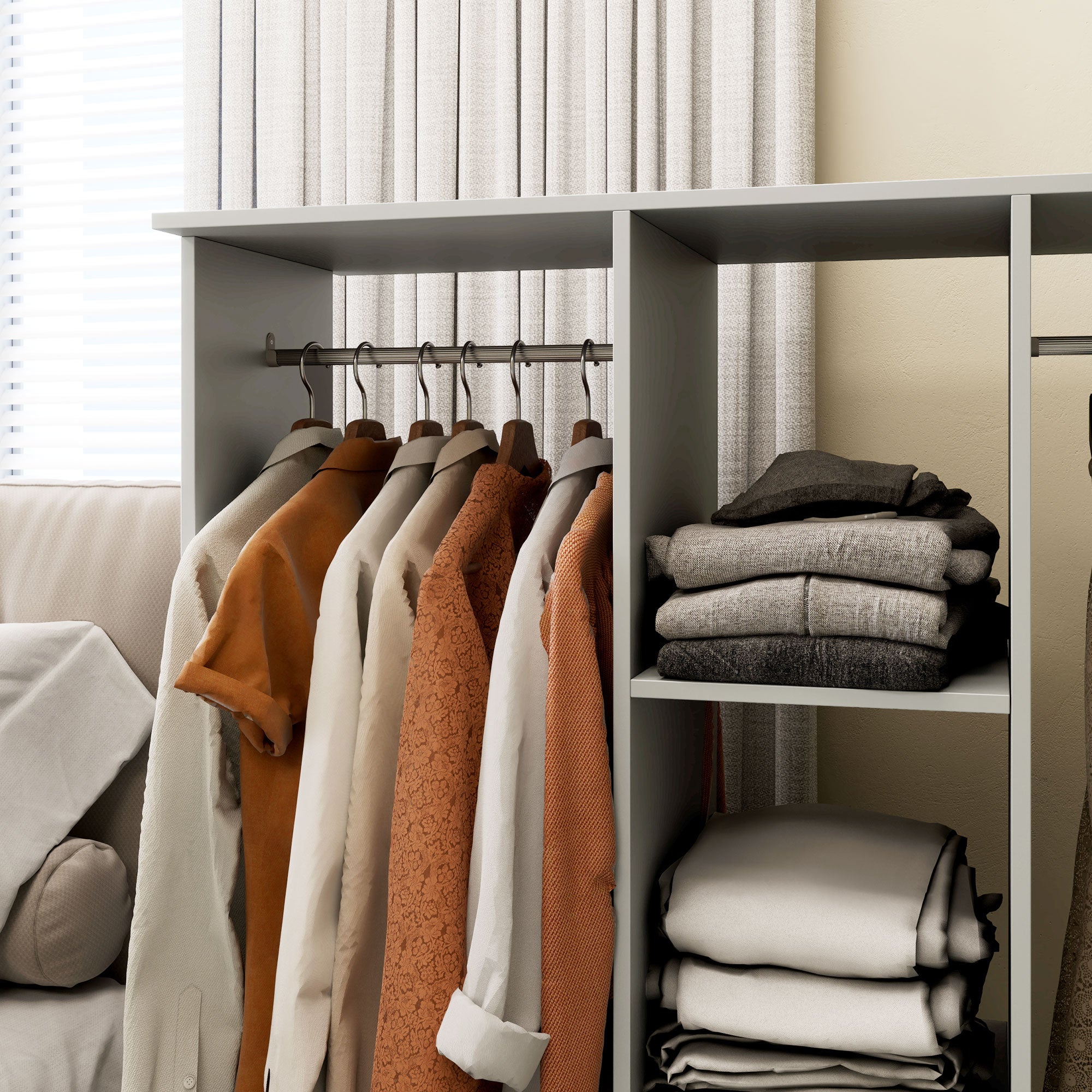 HOMCOM Double Open Wardrobe on Wheels, Bedroom Wardrobe with Clothes Hanging Rails, 3 Storage Shelves, Mobile Garment Rack for Cloakroom, Hallway, Grey - North Peak Garden Furniture