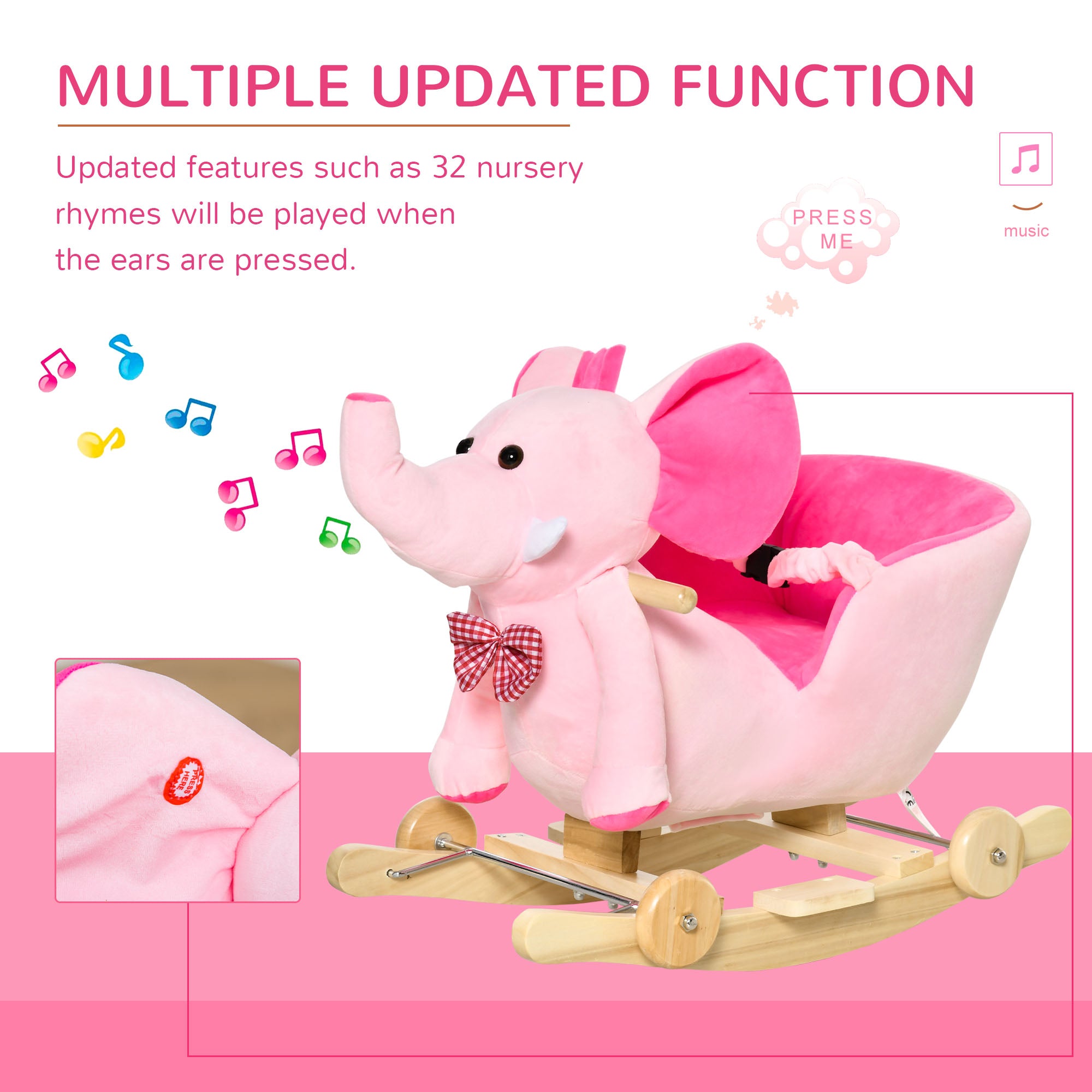 HOMCOM 2 In 1 Plush Baby Ride on Rocking Horse Elephant Rocker with Wheels Wooden Toy for Kids 32 Songs for 18+ Months (Pink) - North Peak Garden Furniture