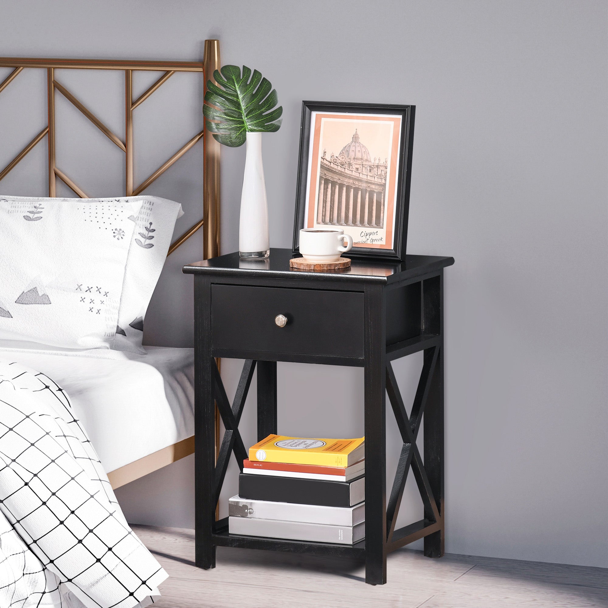 HOMCOM End Table, Sofa Side Table with Drawer X Bar Bottom Storage Shelf, Nightstand Bedside Table for Bedroom or Living Room Black - North Peak Garden Furniture