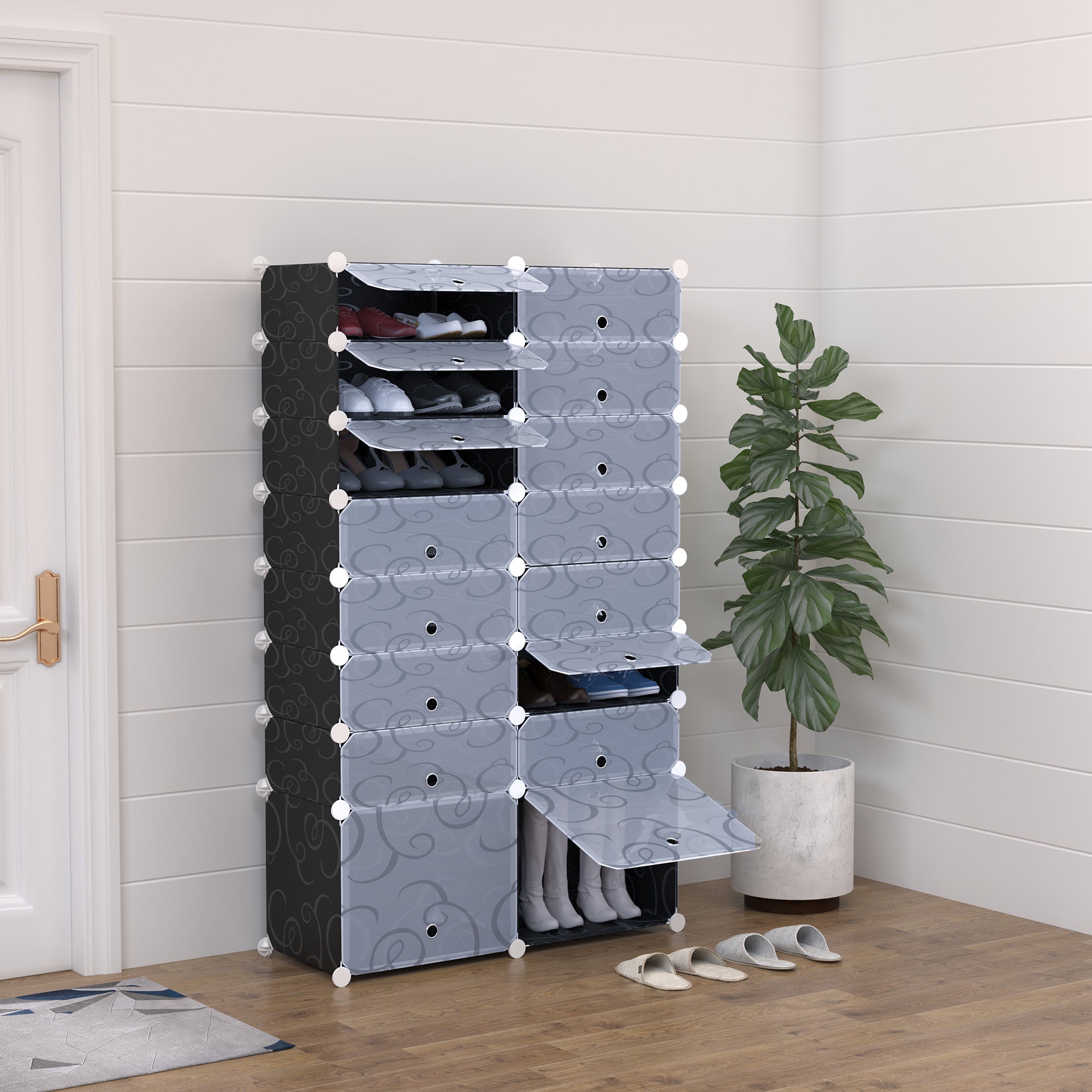 HOMCOM 16 Cube Shoe Rack, 2 x 8 Tier Shoe Storage Cabinet, Modular Plastic Shelves for Bedroom, Living Room and Entryway, Space Saving Footwear Organizer, 32 Pairs, White and Black - North Peak Garden Furniture