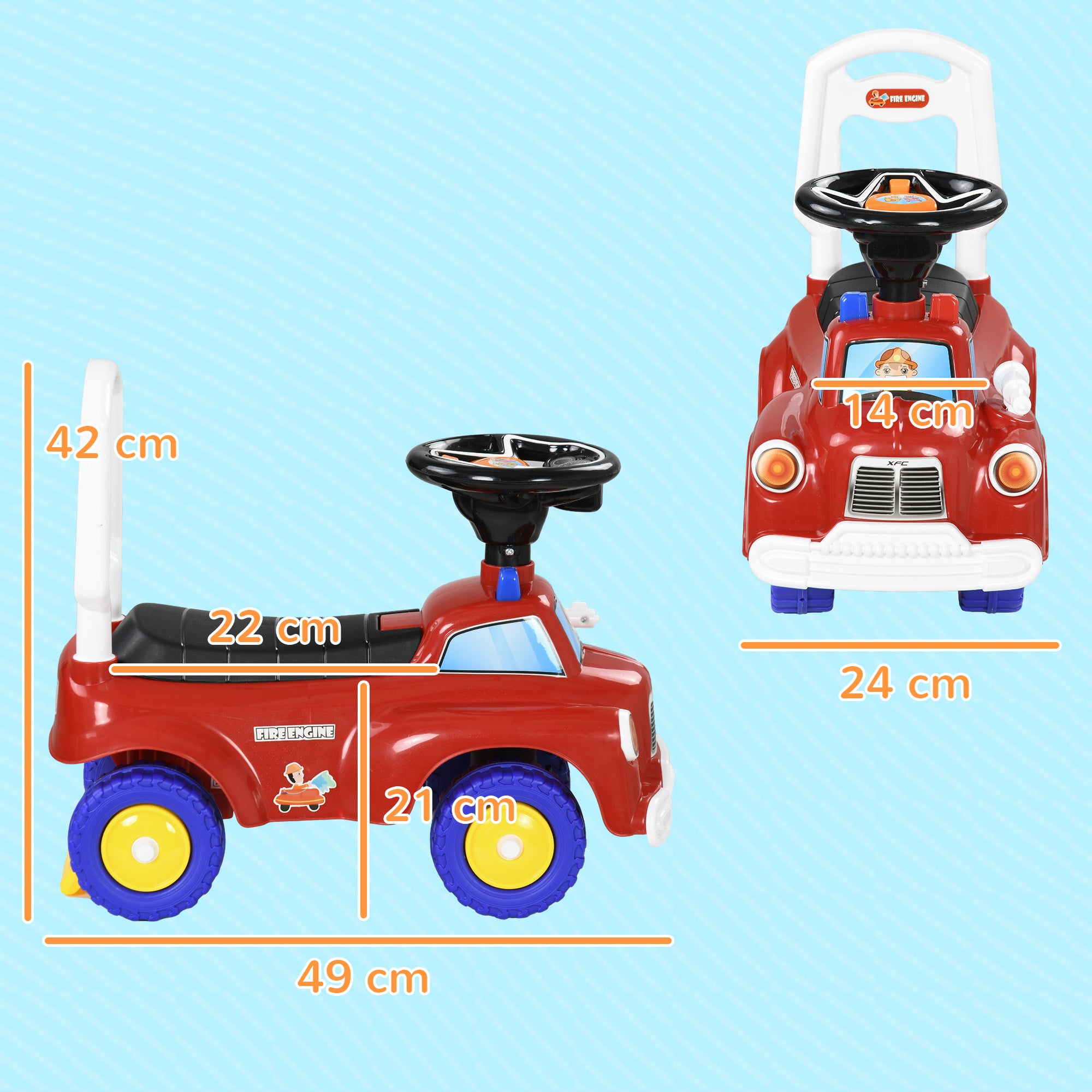 AIYAPLAY Ride On Fire Truck Foot to Floor Design with Under Seat Storage, Steering Wheel, Music, Light, for 1.5-3 Years, Red - North Peak Garden Furniture