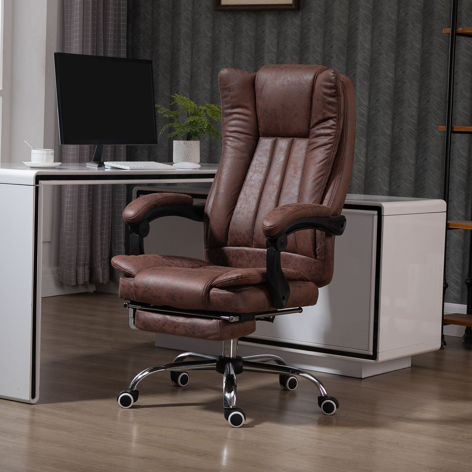 Vinsetto Home Office Chair Microfibre Desk Chair with Reclining Function Armrests Swivel Wheels Footrest Brown - North Peak Garden Furniture