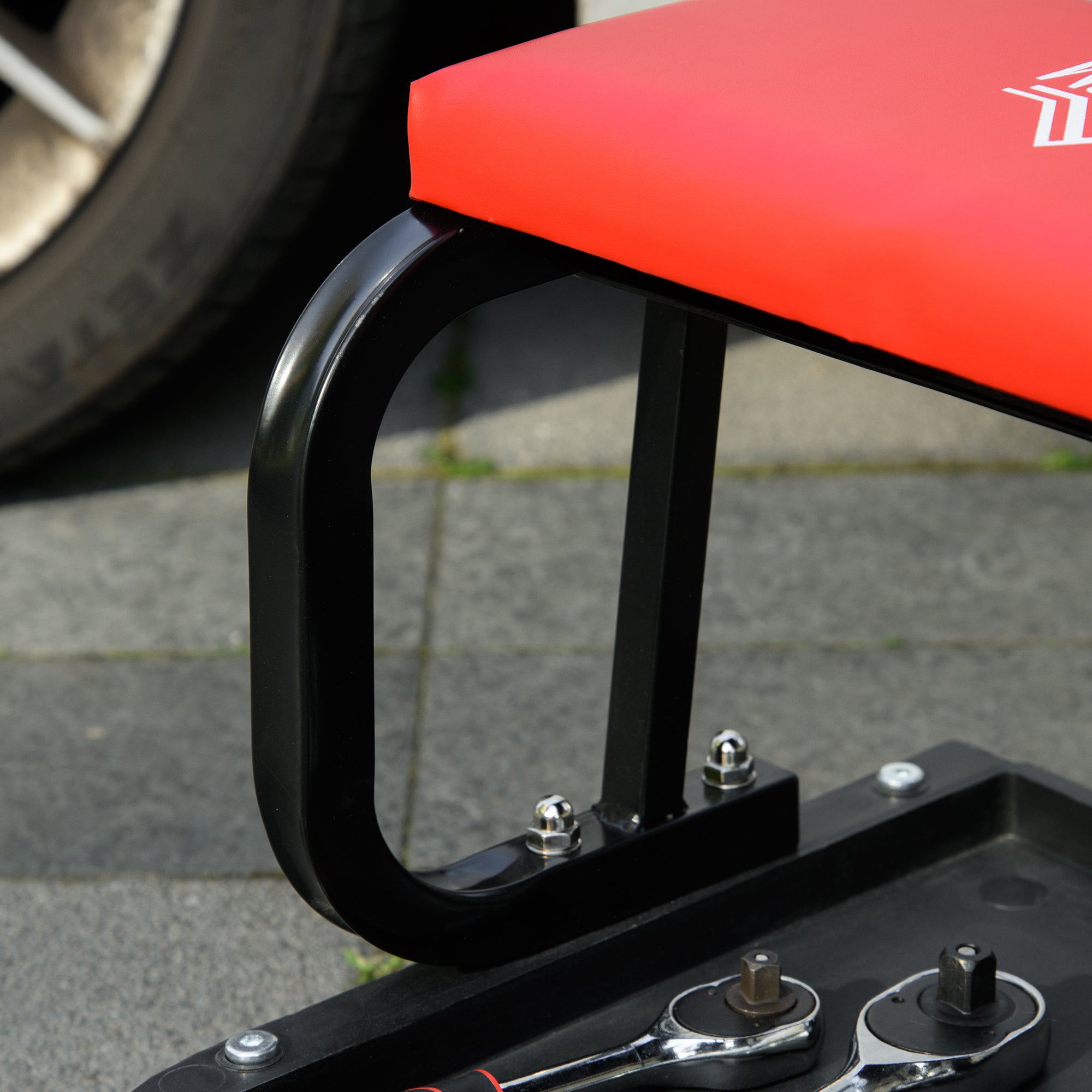 HOMCOM Workshop Stool, Rolling Mechanic Stool with 360 Degree Swivel, Padded Seat, Tool Tray, for Garage, Workshop, Auto Repair, Red - North Peak Garden Furniture