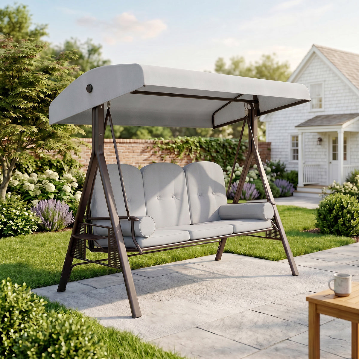 Outsunny 3 Seater Canopy Swing Chair, Outdoor Garden Swing Seat with Adjustable Canopy, Cushions and Cup Trays, Steel Frame, Light Grey